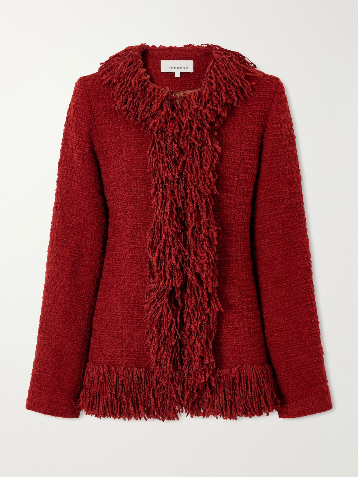 Fringed wool-blend tweed jacket