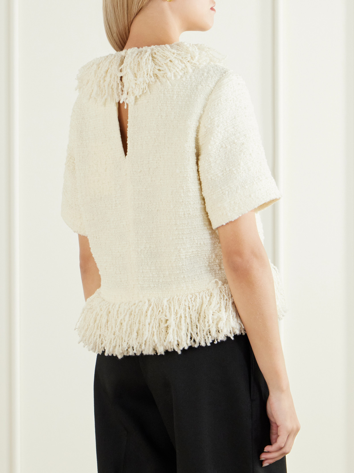 Fringed Wool-Blend Tweed Top