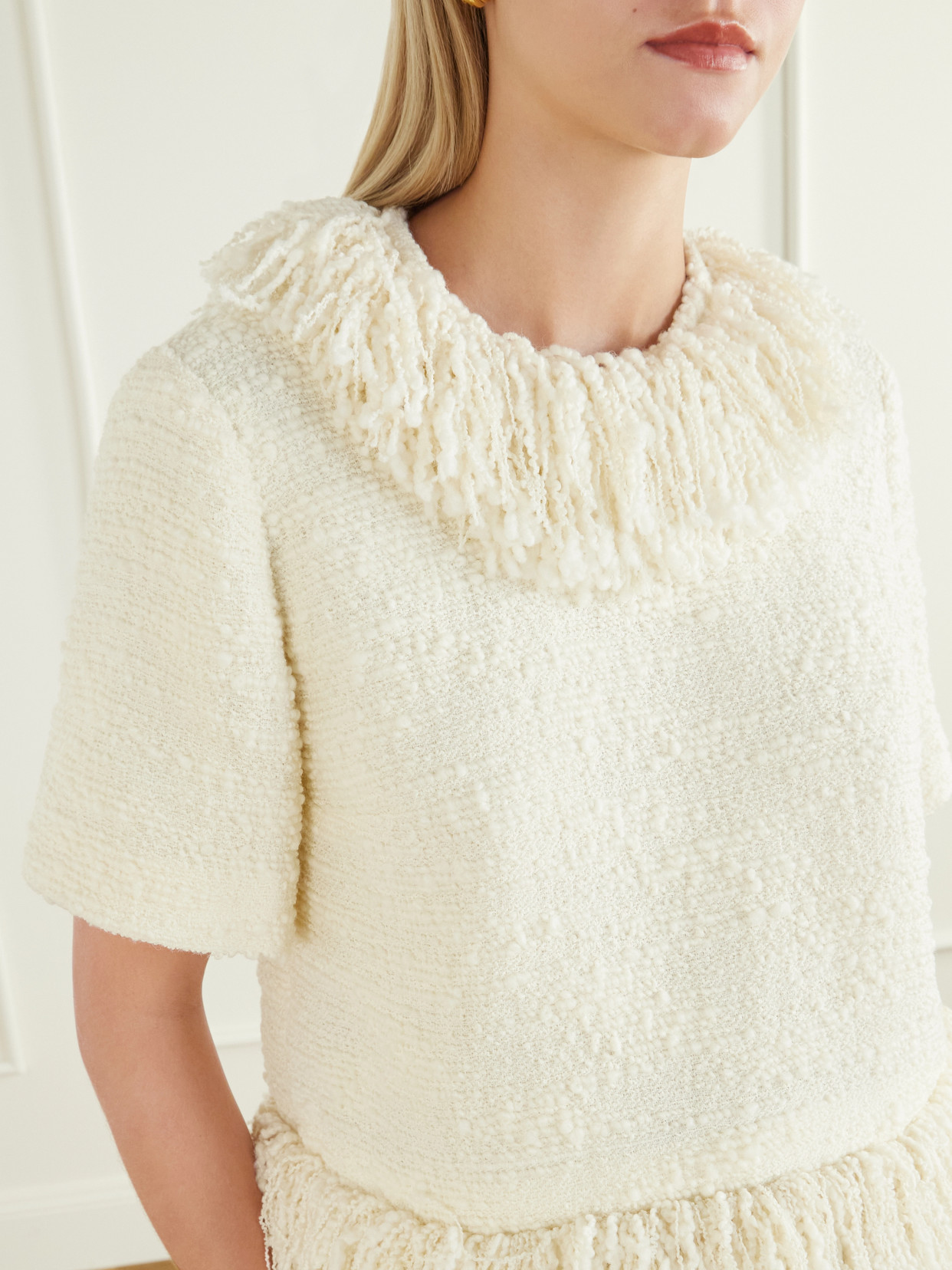 Fringed Wool-Blend Tweed Top