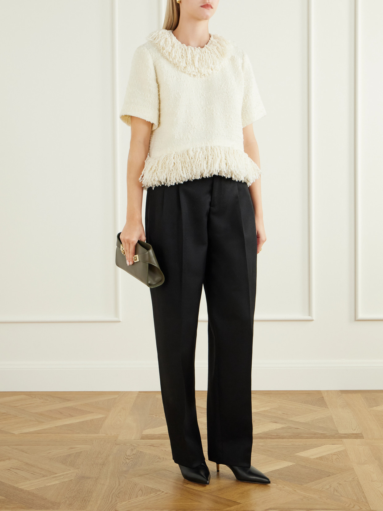 Fringed Wool-Blend Tweed Top