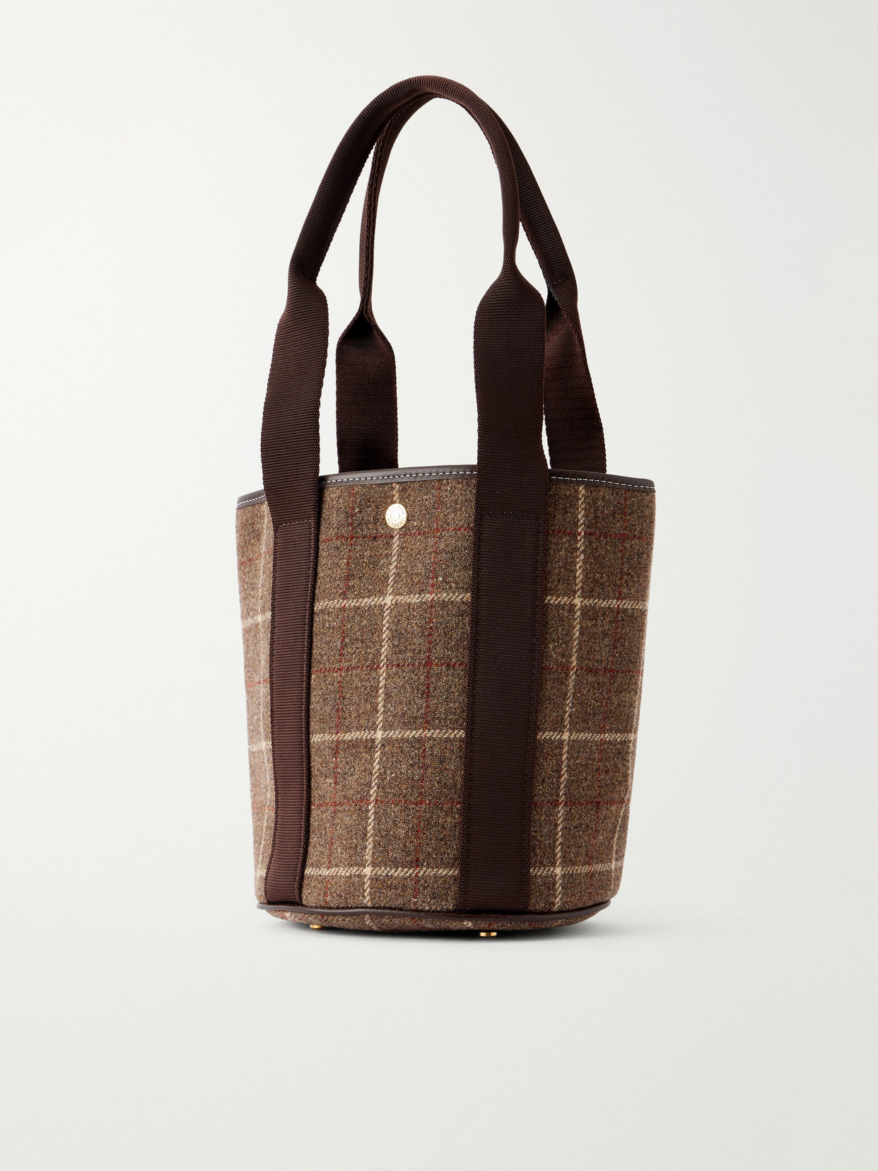 Bucket Checked Webbing And Leather-Trimmed Wool-Tweed Tote