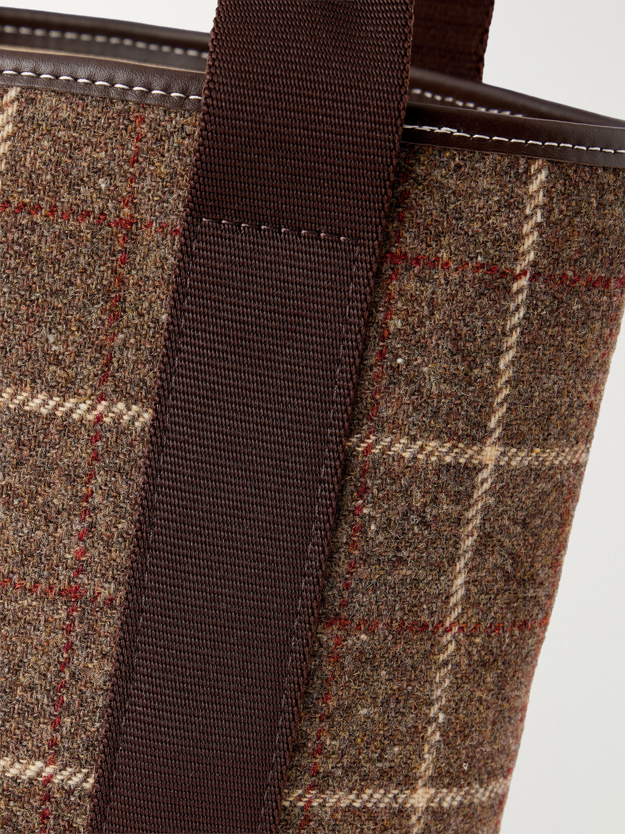 Bucket Checked Webbing And Leather-Trimmed Wool-Tweed Tote