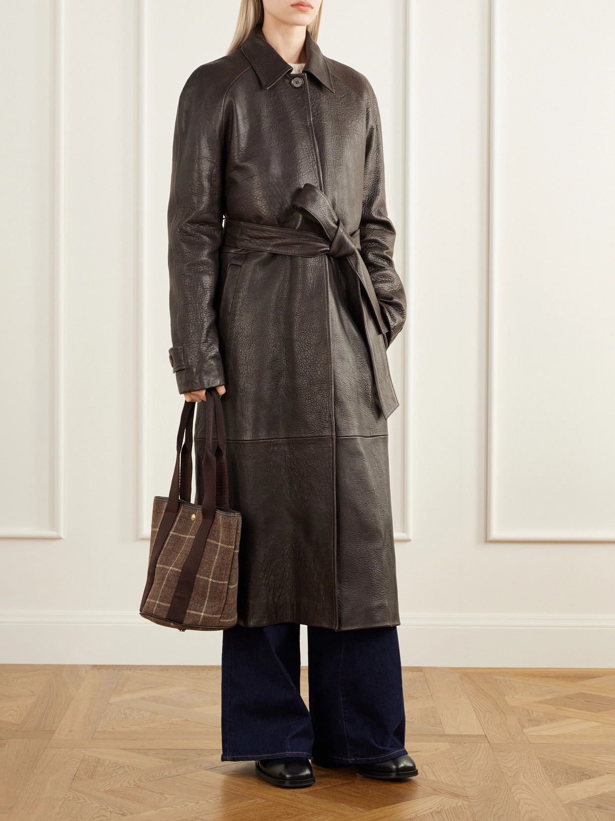 Bucket Checked Webbing And Leather-Trimmed Wool-Tweed Tote