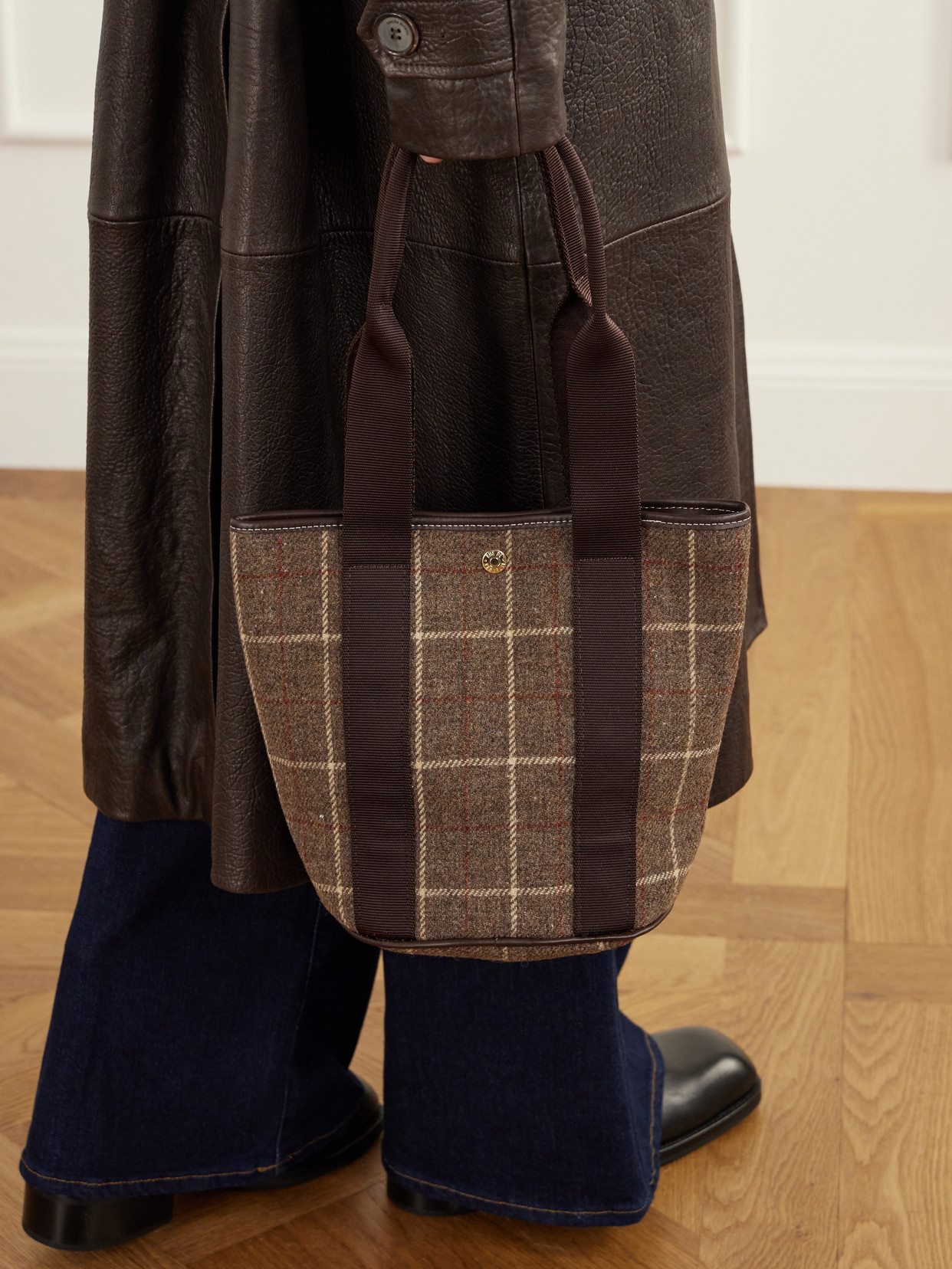 Bucket Checked Webbing And Leather-Trimmed Wool-Tweed Tote