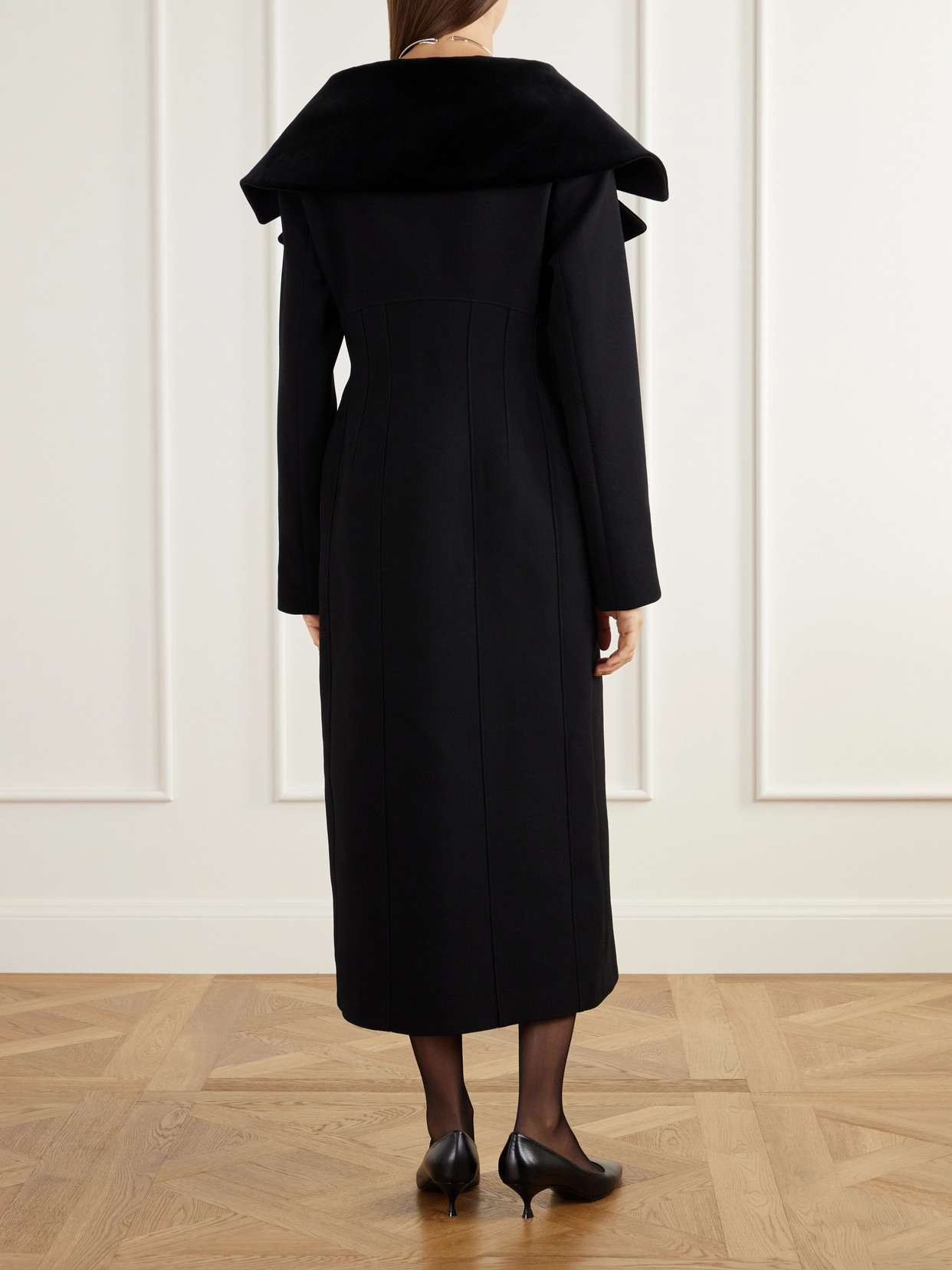 Hourglass Double-Breasted Wool Velour-Trimmed Coat