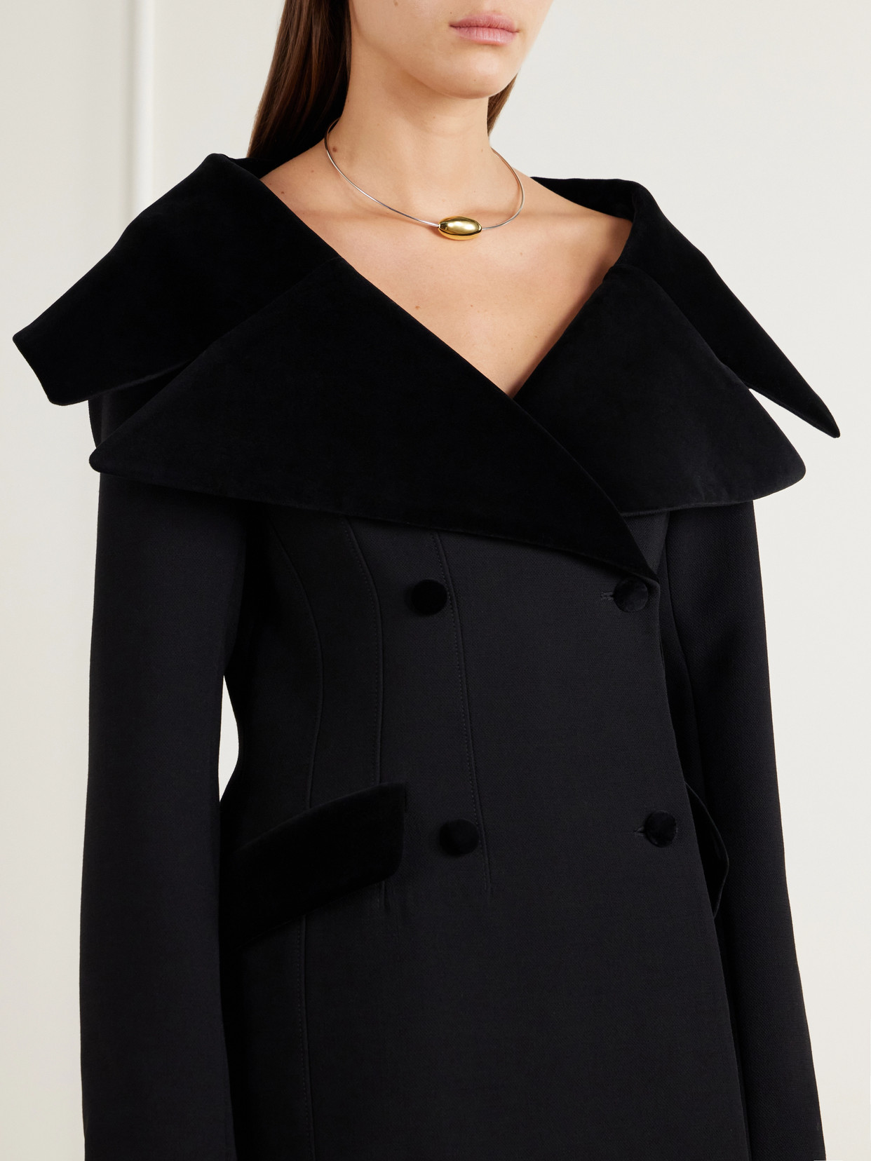 Hourglass Double-Breasted Wool Velour-Trimmed Coat