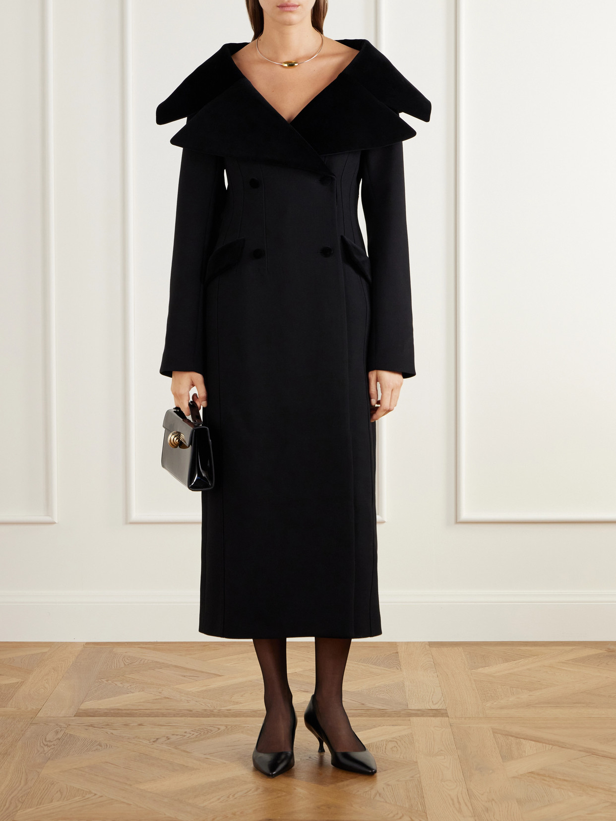 Hourglass Double-Breasted Wool Velour-Trimmed Coat