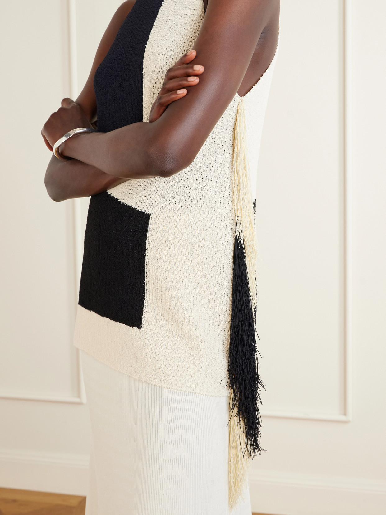 Saskia Fringed Intarsia-Knit Blouse