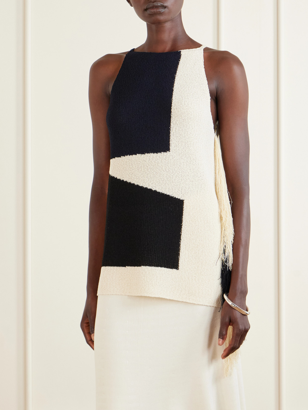 Saskia Fringed Intarsia-Knit Blouse