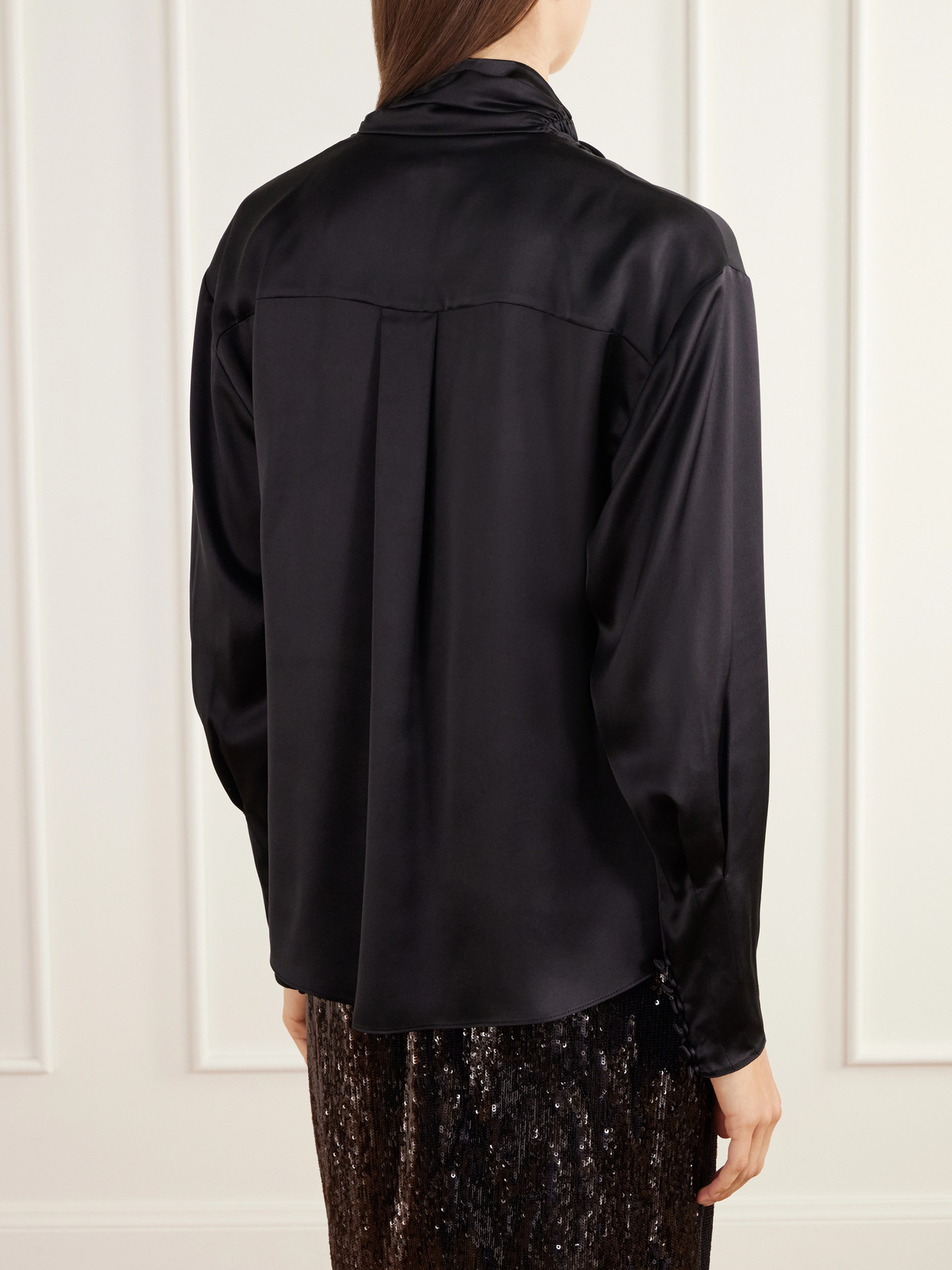 Scarf-Detailed Gathered Silk-Satin Blouse