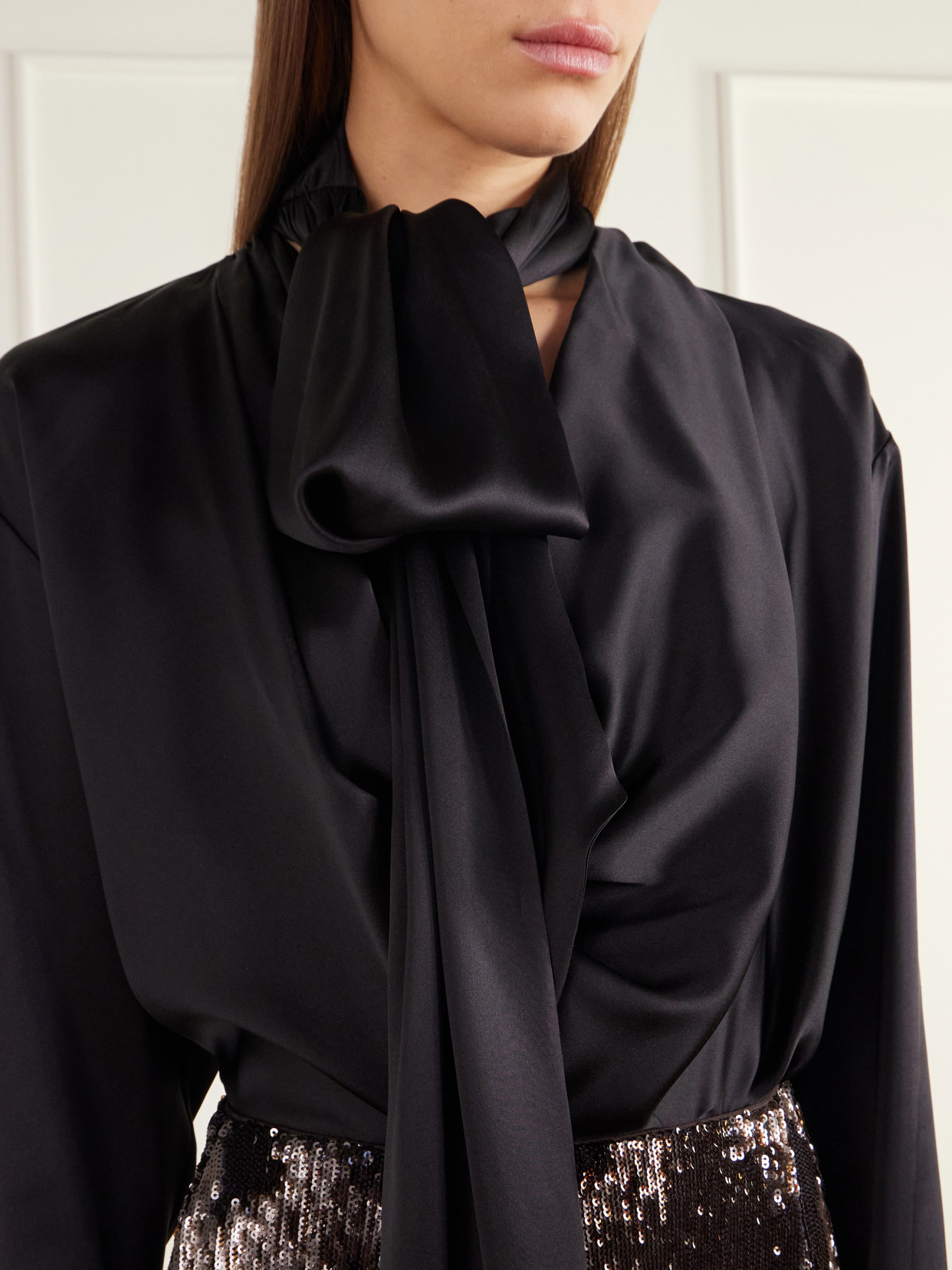 Scarf-Detailed Gathered Silk-Satin Blouse