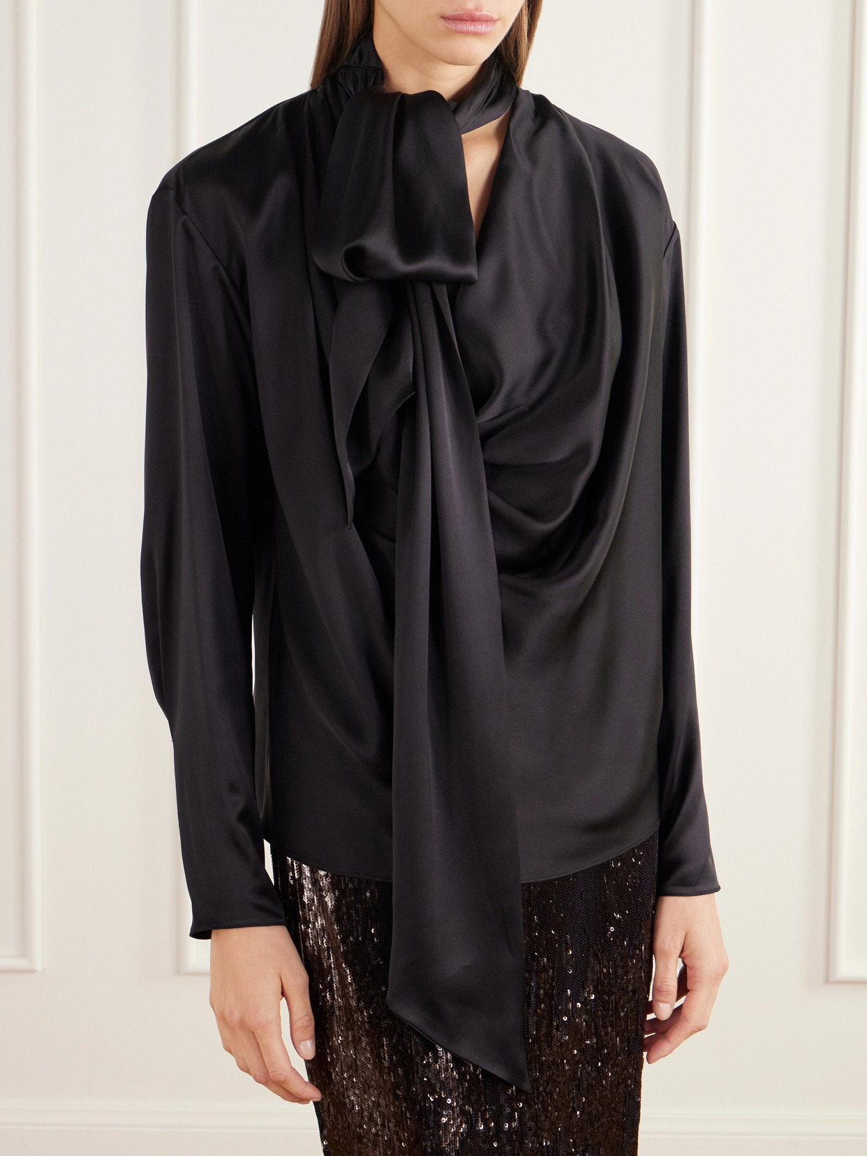 Scarf-Detailed Gathered Silk-Satin Blouse