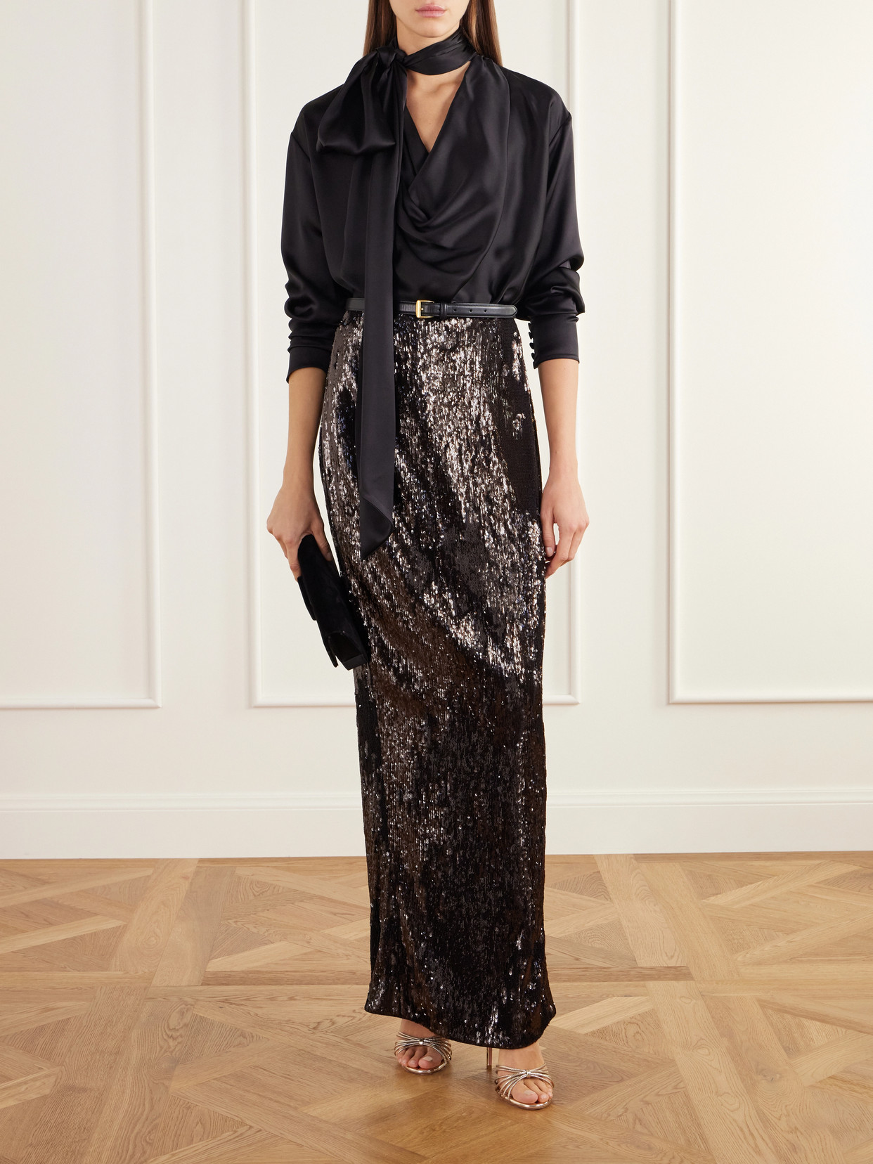 Scarf-Detailed Gathered Silk-Satin Blouse
