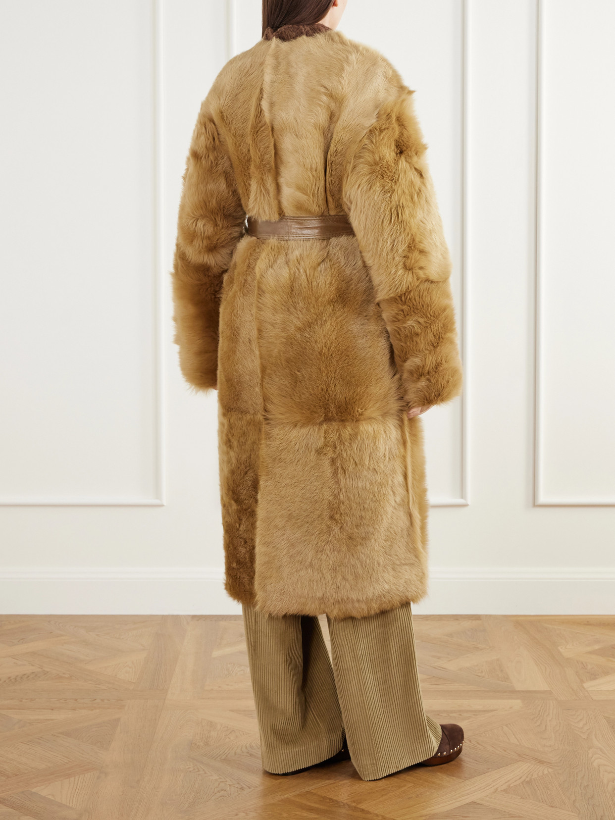 Demi Reversible Belted Collarless Shearling Coat
