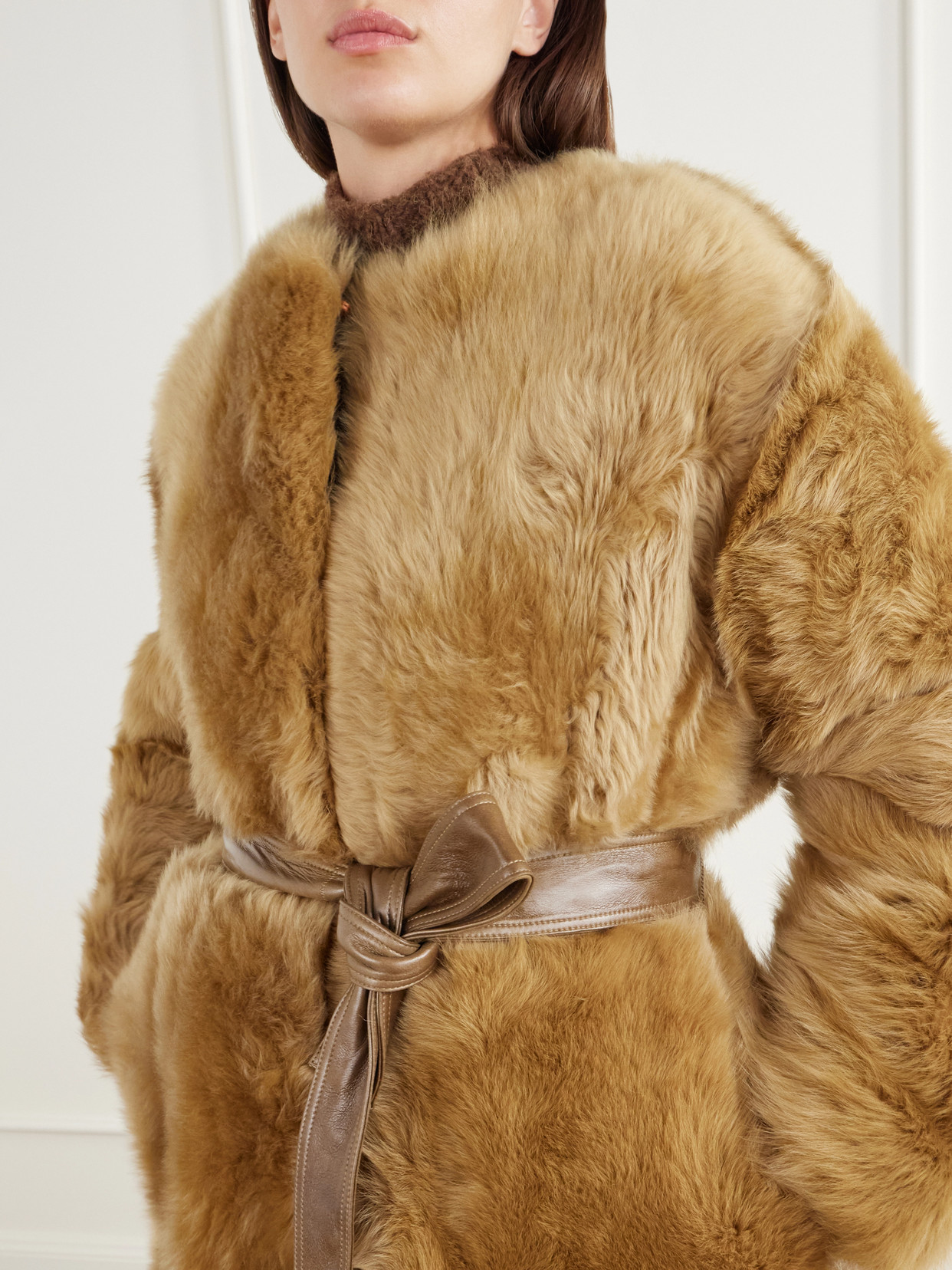 Demi Reversible Belted Collarless Shearling Coat