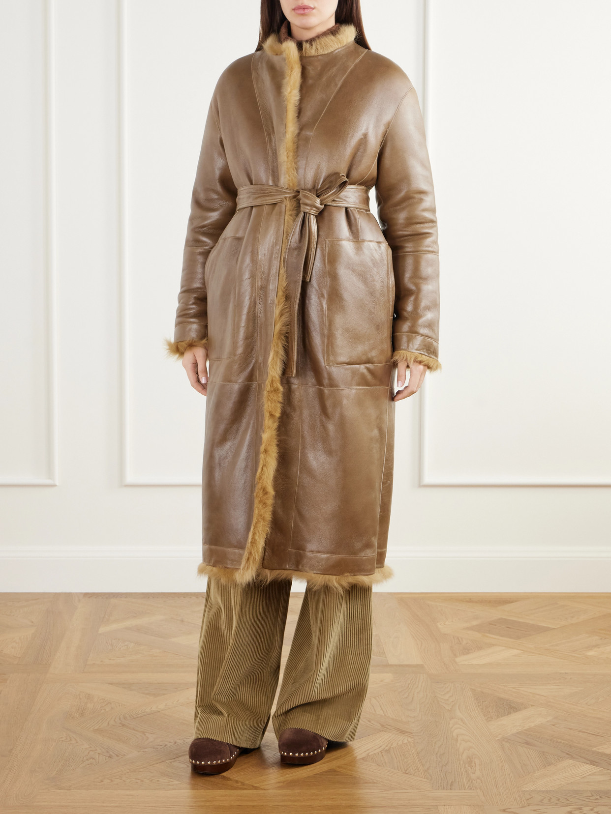 Demi Reversible Belted Collarless Shearling Coat