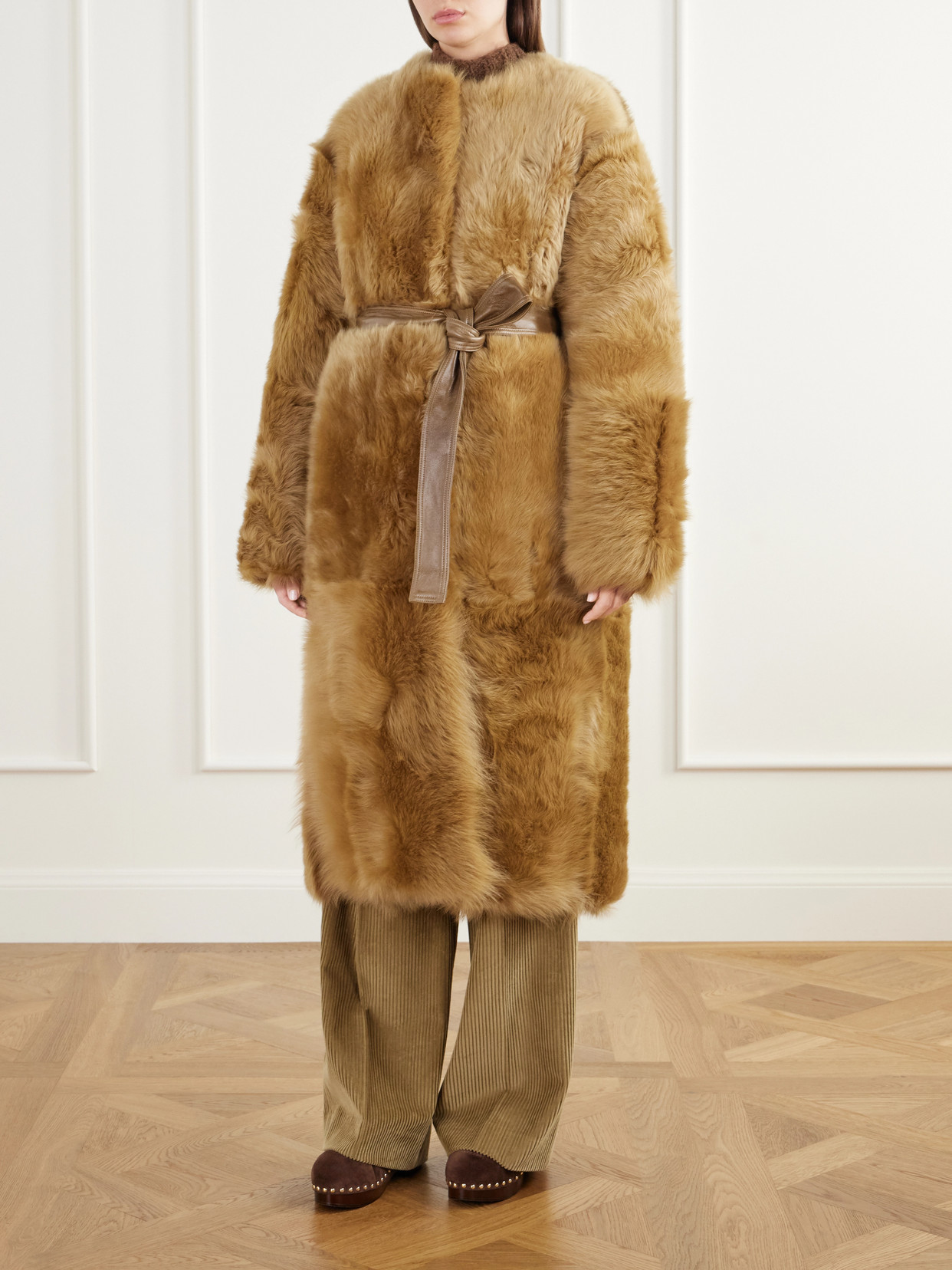 Demi Reversible Belted Collarless Shearling Coat