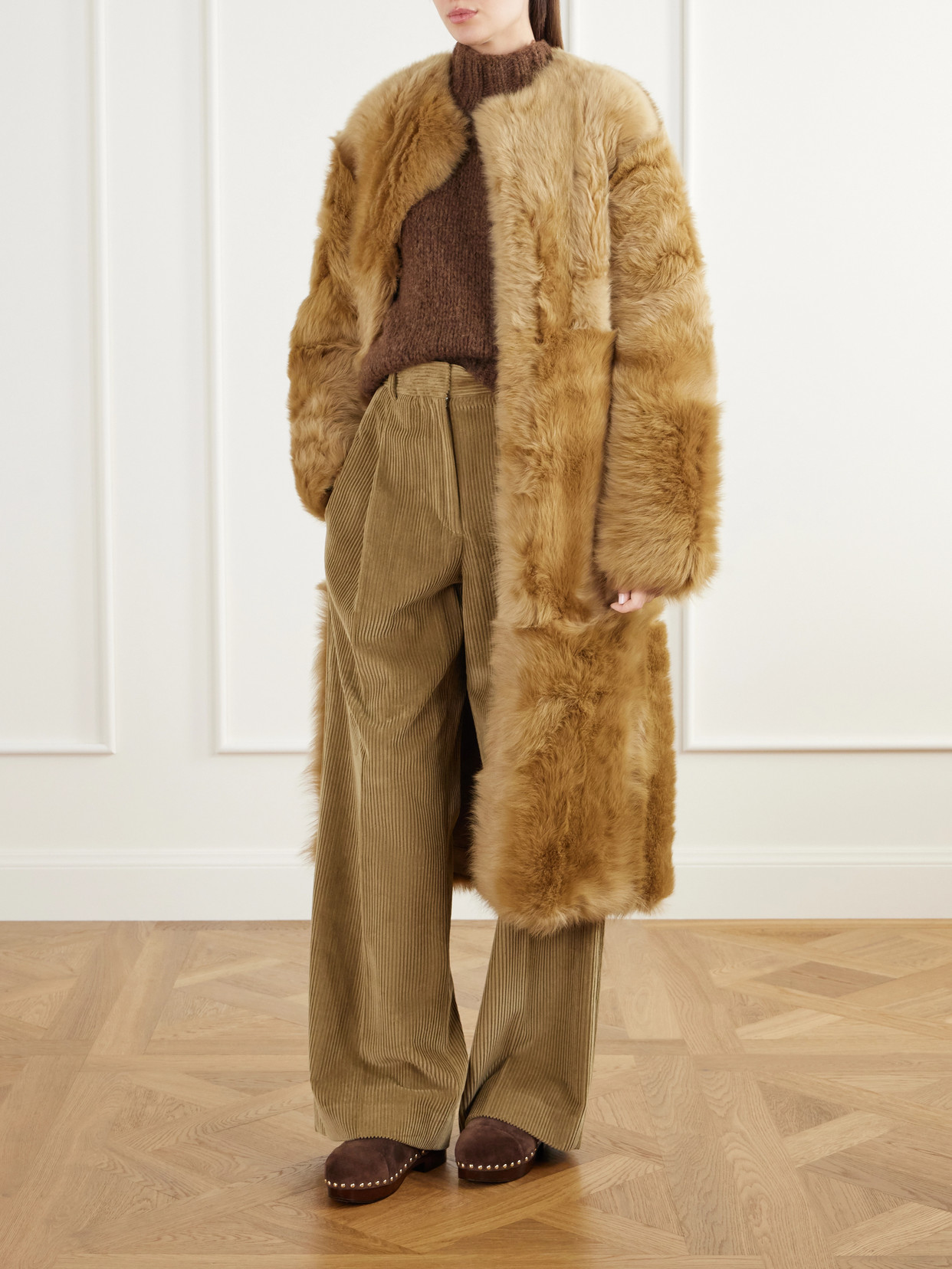 Demi Reversible Belted Collarless Shearling Coat