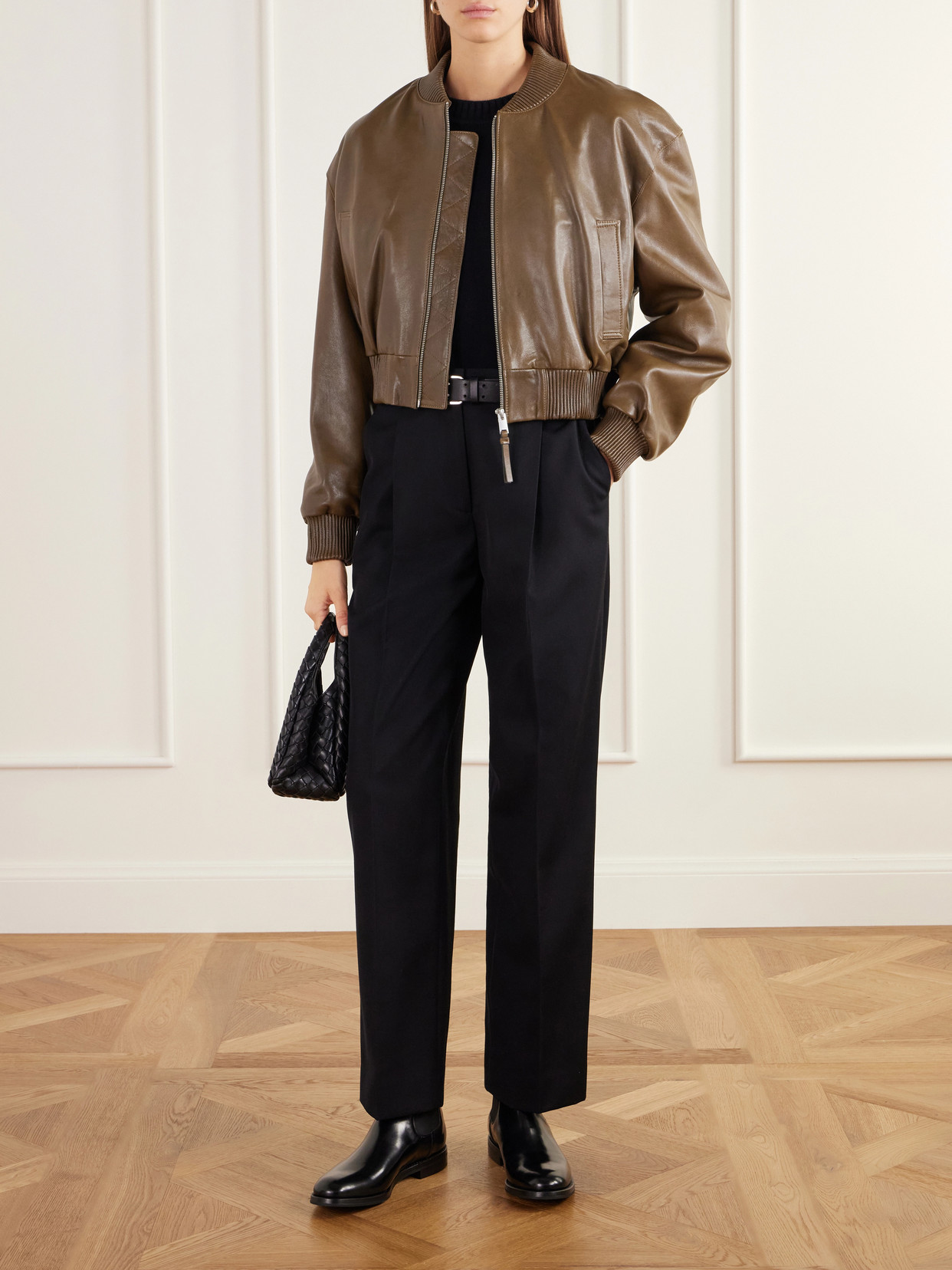 Hannan Cropped Leather Bomber Jacket
