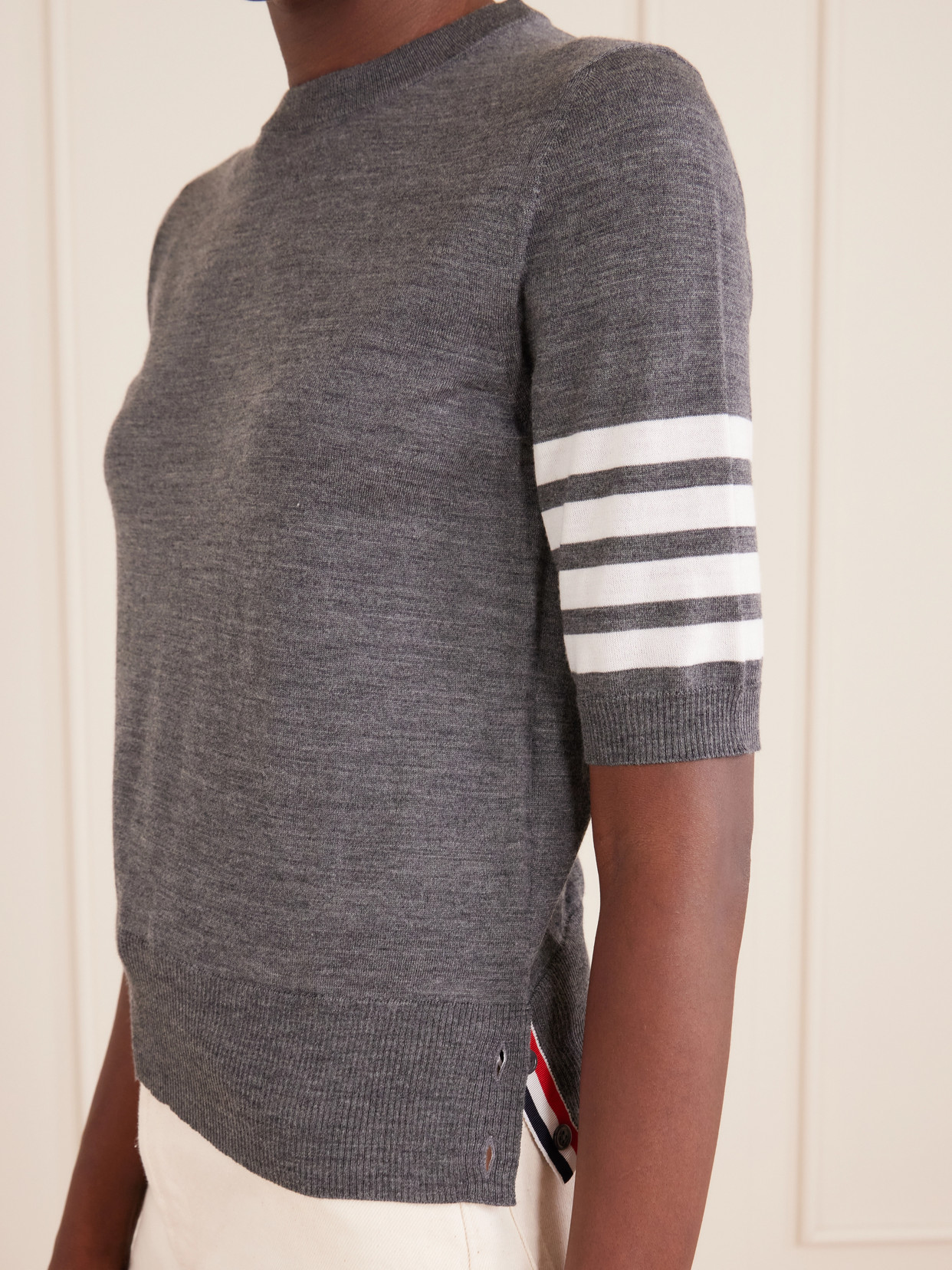Grosgrain-Trimmed Striped Wool-Blend Sweater