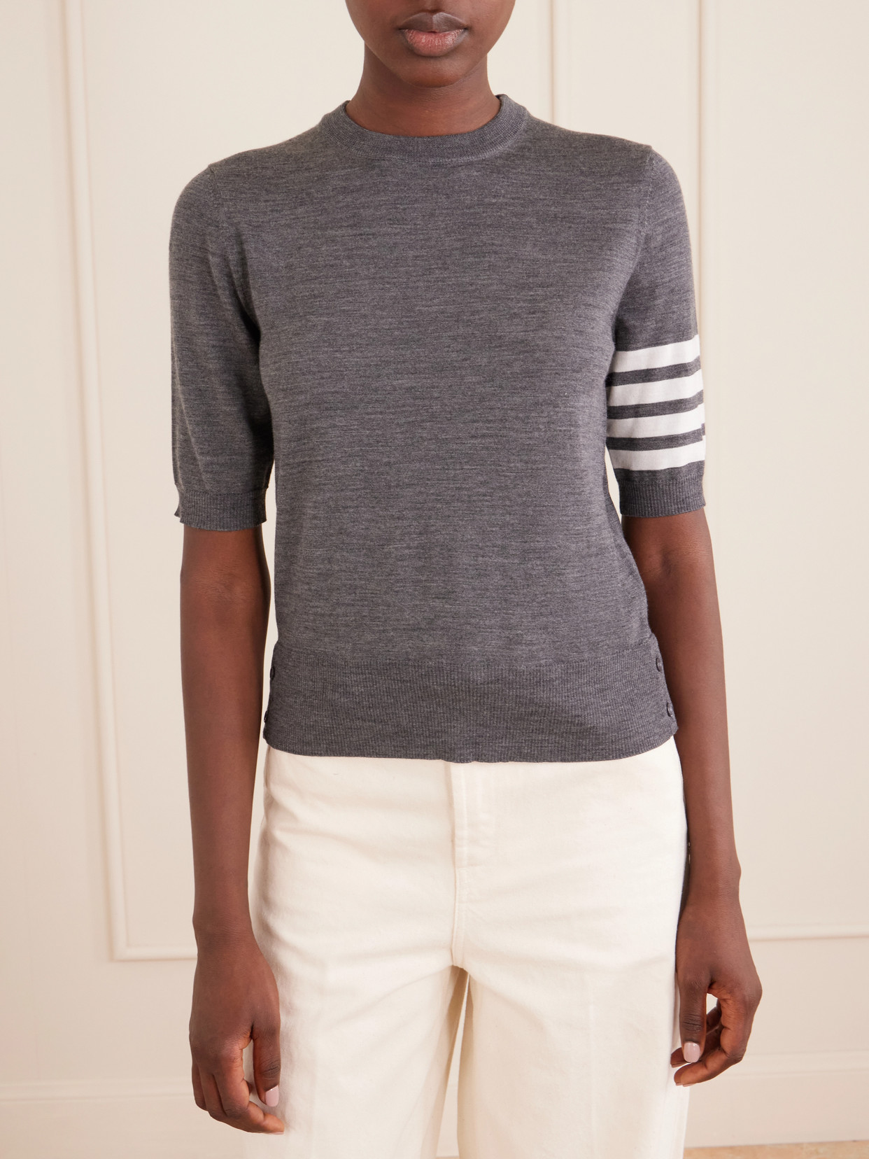 Grosgrain-Trimmed Striped Wool-Blend Sweater