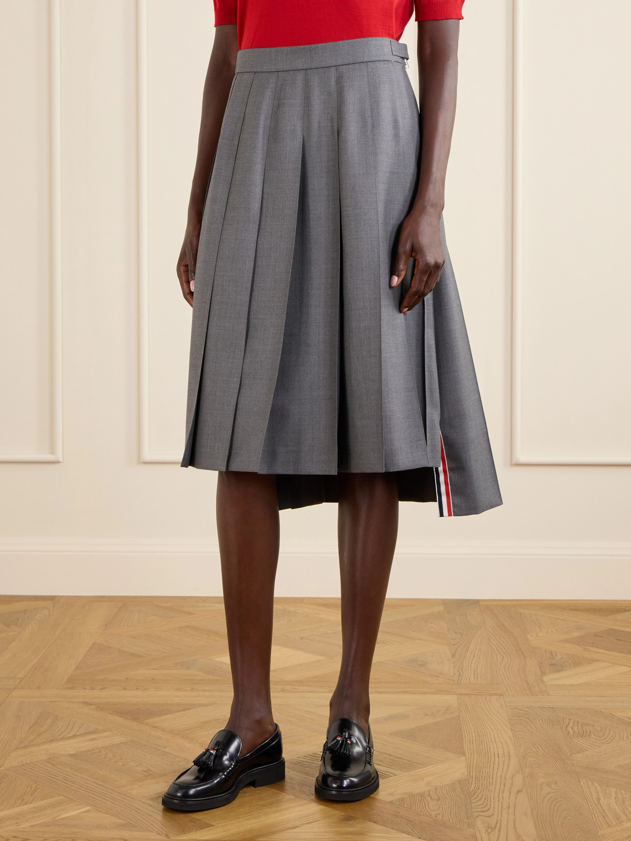 Asymmetric Grosgrain-Trimmed Pleated Midi