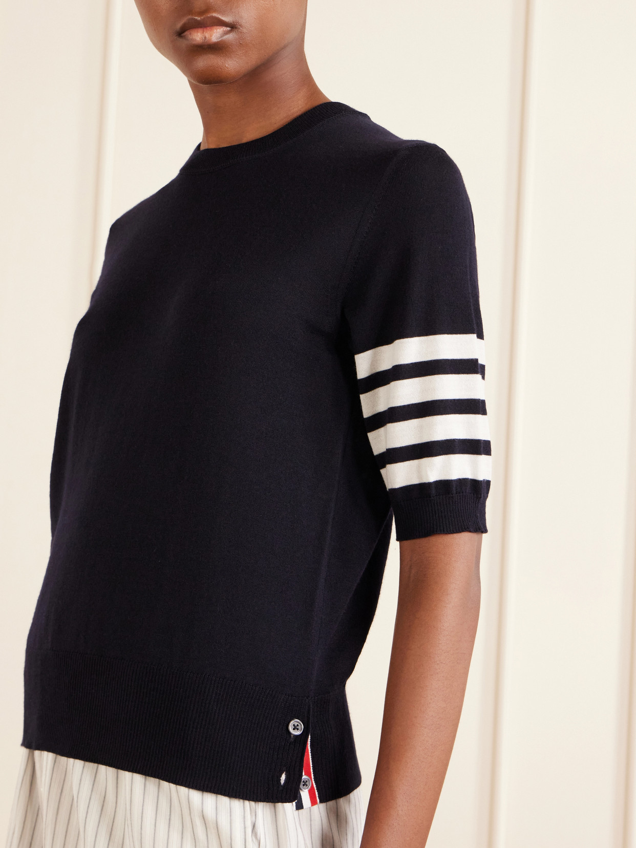 Grosgrain-Trimmed Striped Wool-Blend Sweater