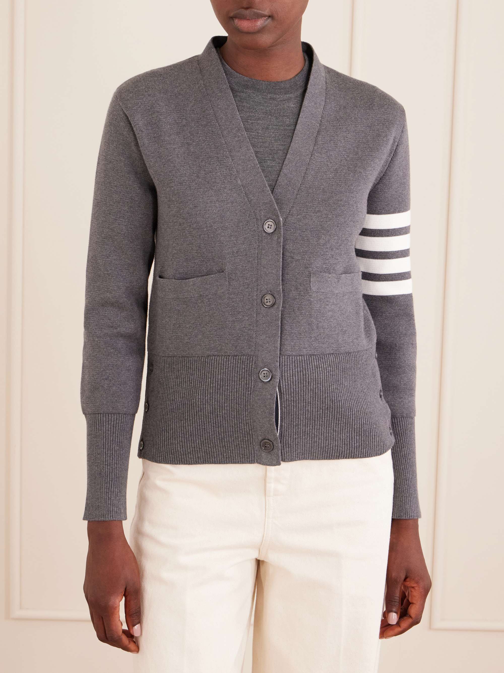 THOM BROWNE Grosgrain-trimmed striped cotton cardigan
