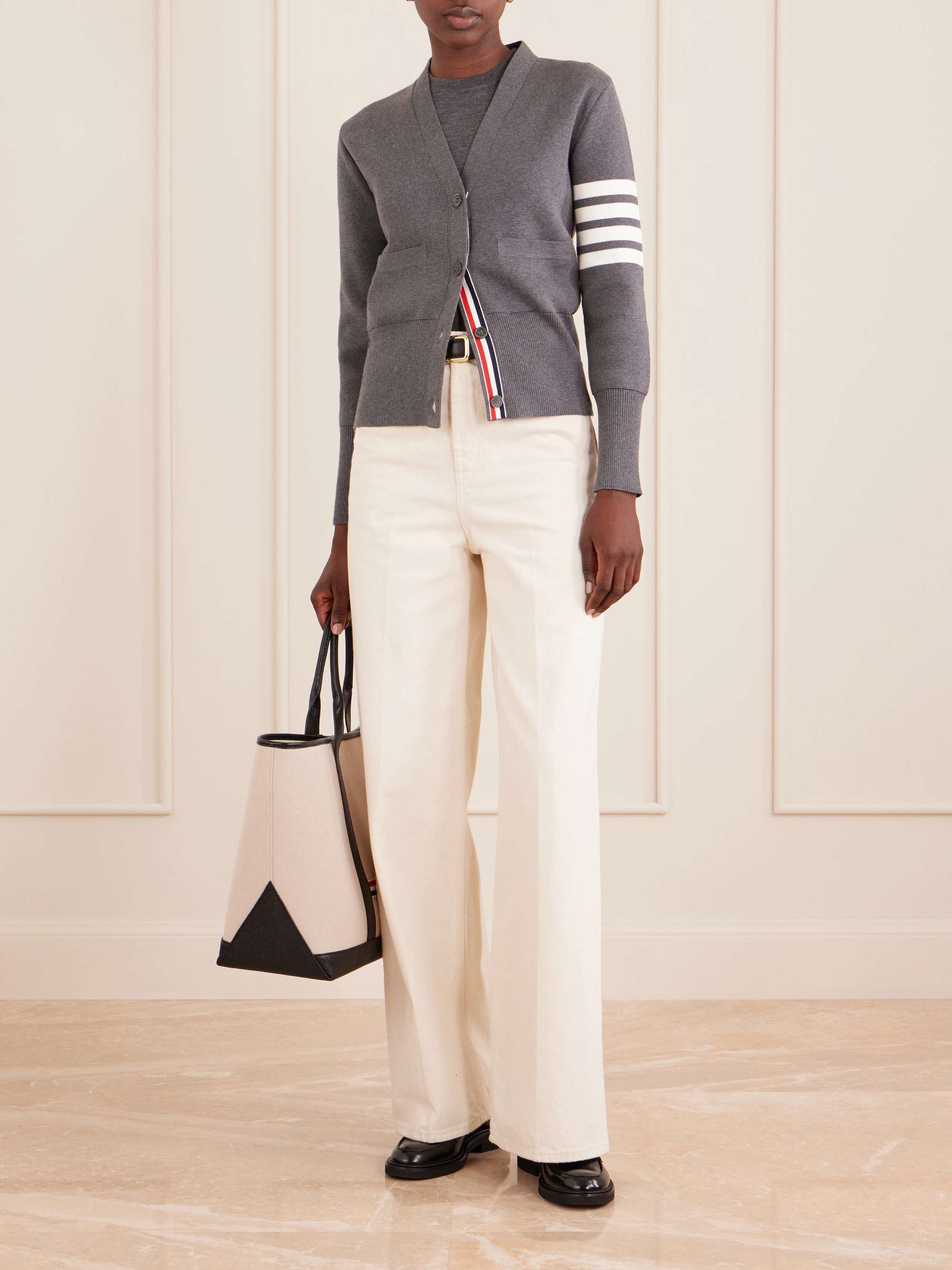 THOM BROWNE Grosgrain-trimmed striped cotton cardigan