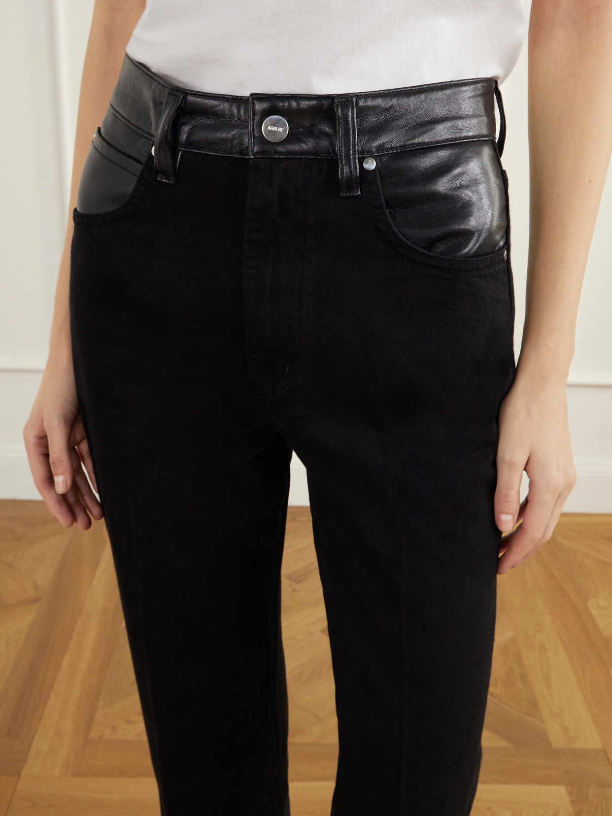 Morgan Leather-Trimmed High-Rise Straight-Leg Jeans