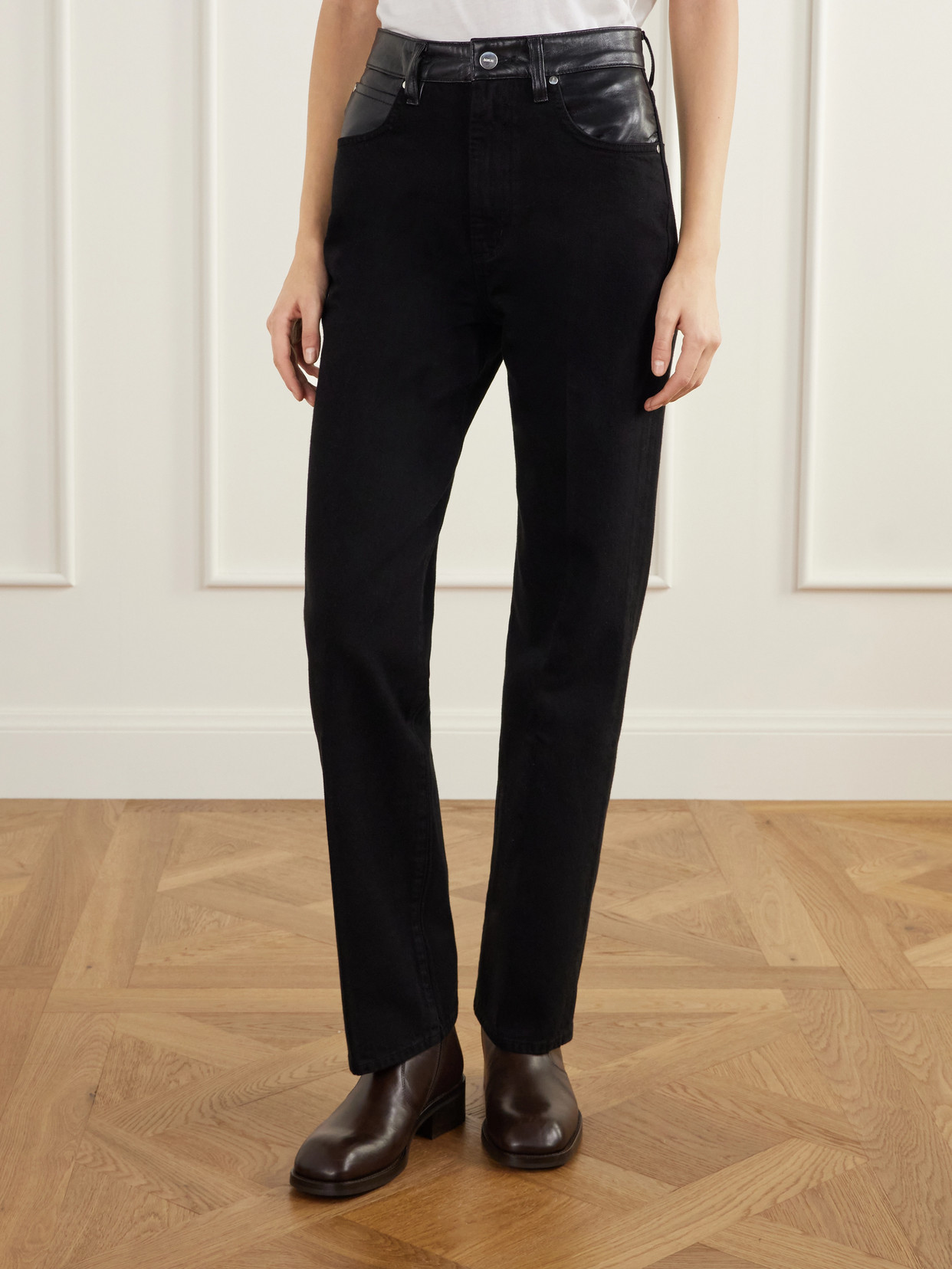Morgan Leather-Trimmed High-Rise Straight-Leg Jeans
