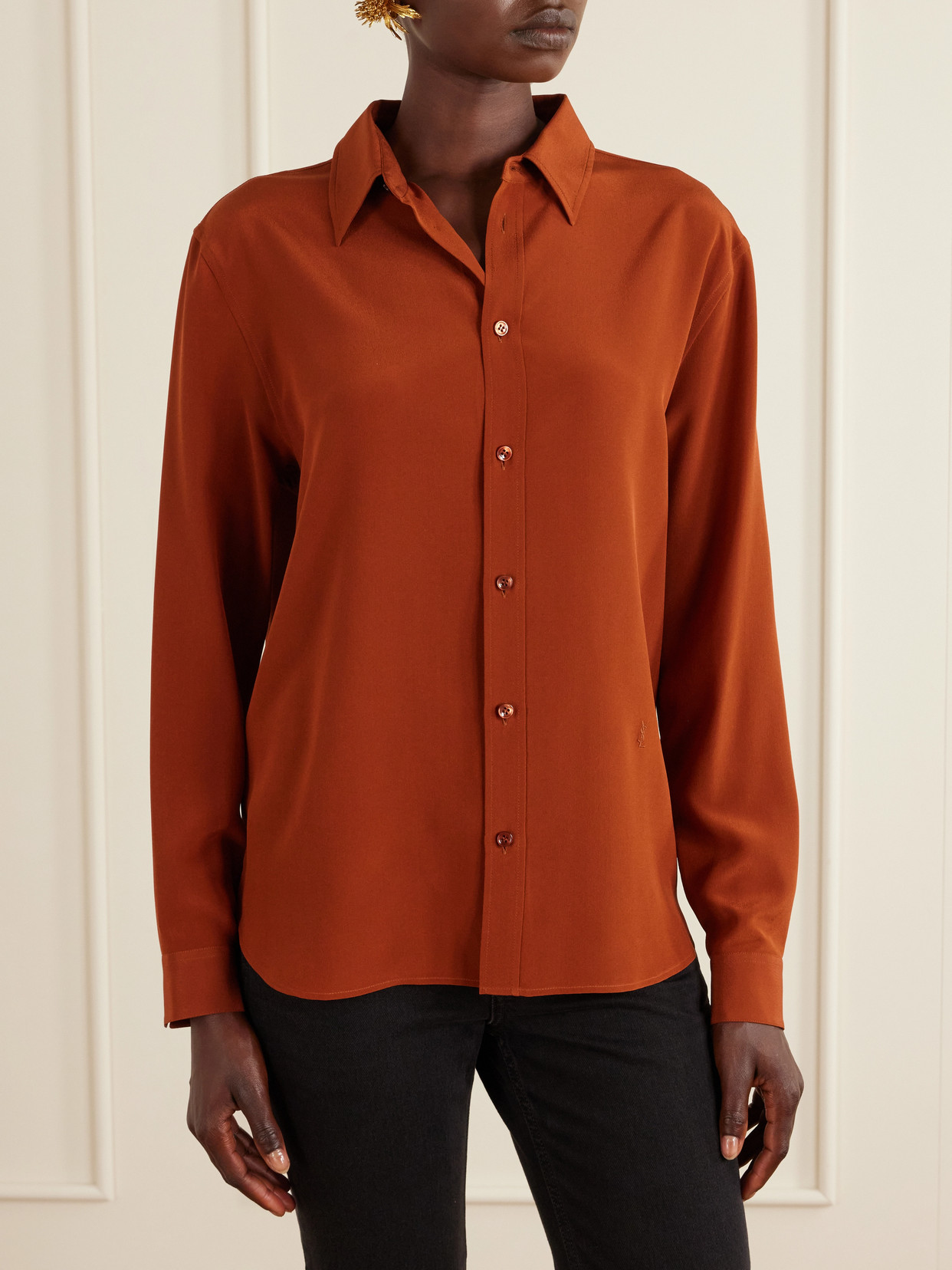 Logo-Embroidered Silk-Crepe Blouse