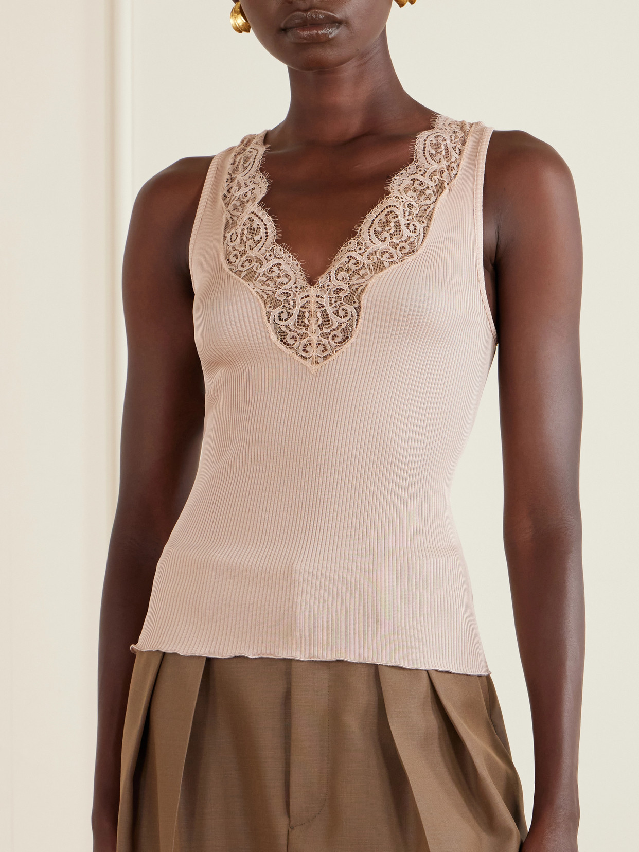 Lace-Trimmed Ribbed Silk-Jersey Tank