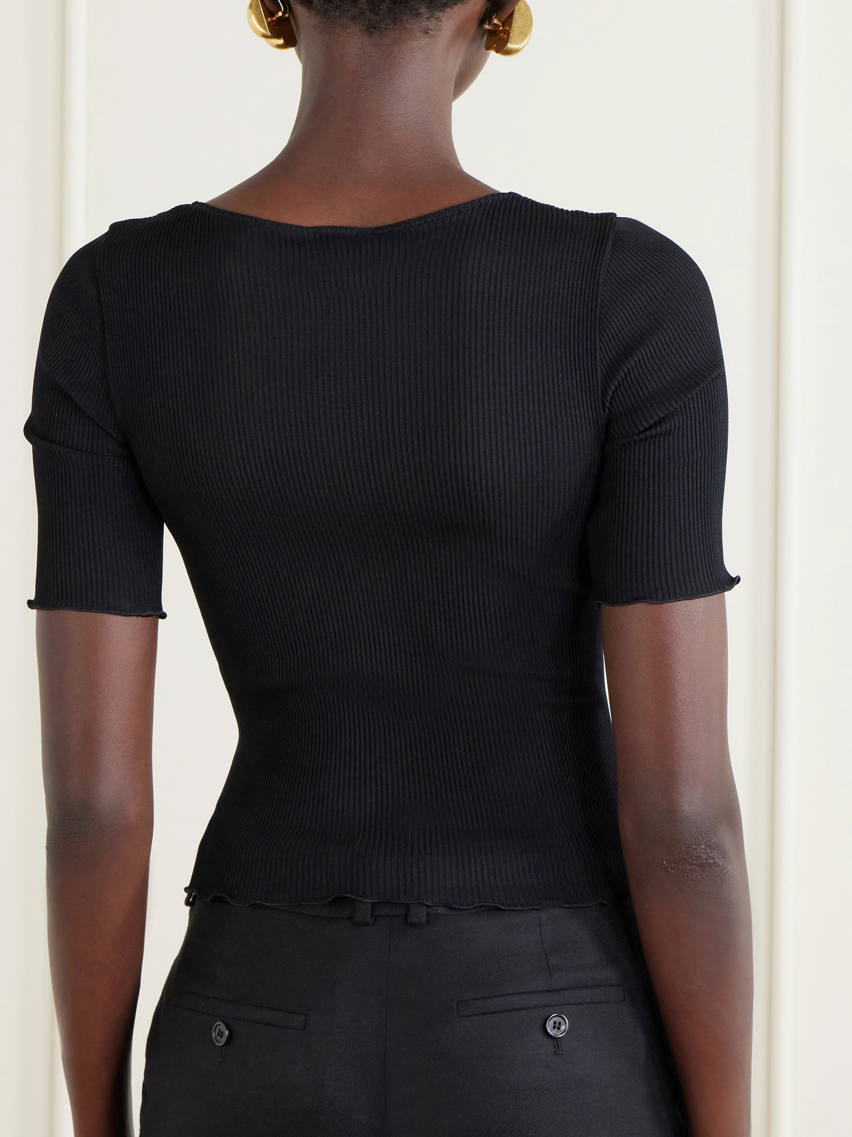 Guipure Lace-Trimmed Ribbed-Silk T-Shirt