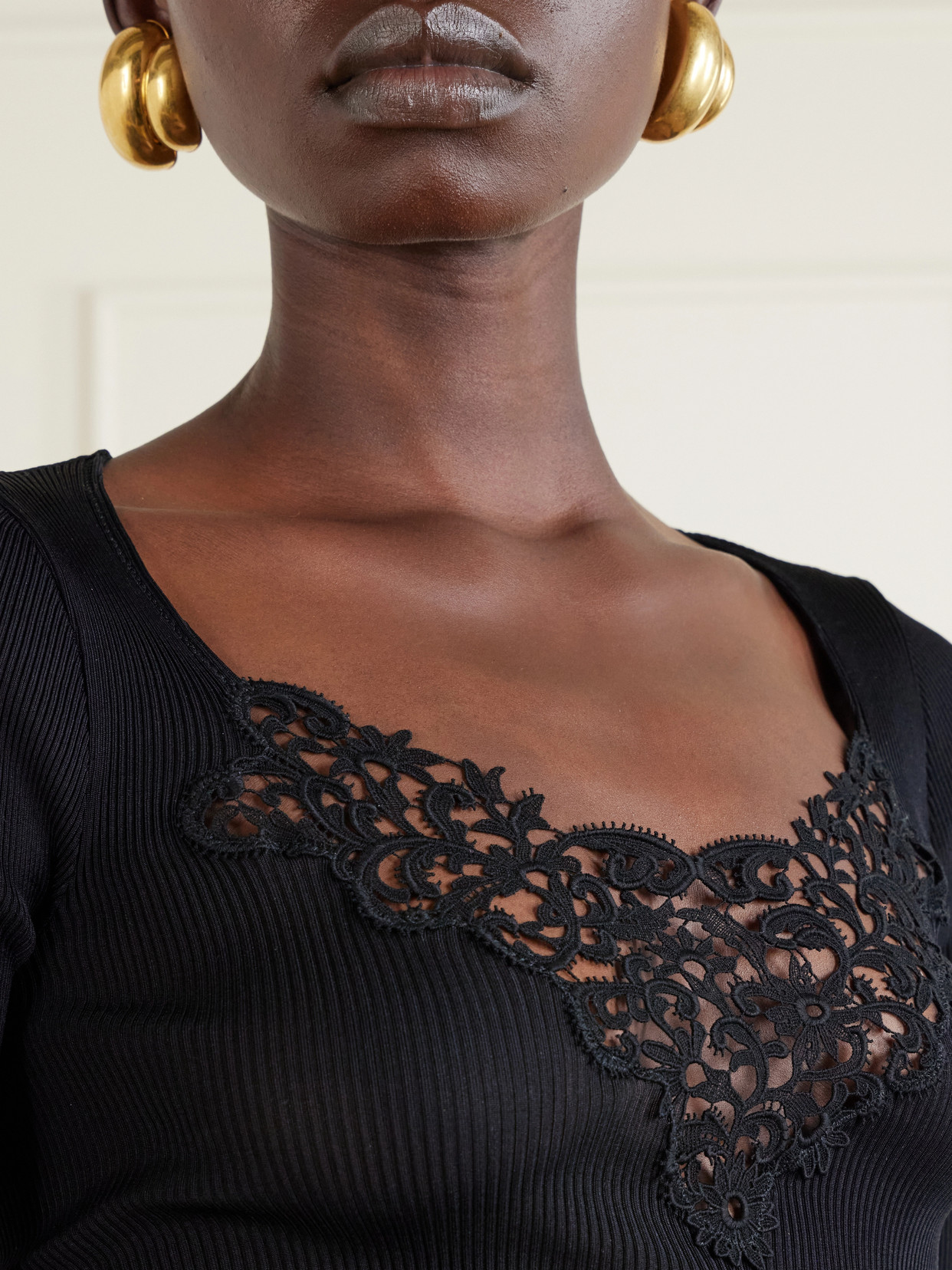 Guipure Lace-Trimmed Ribbed-Silk T-Shirt