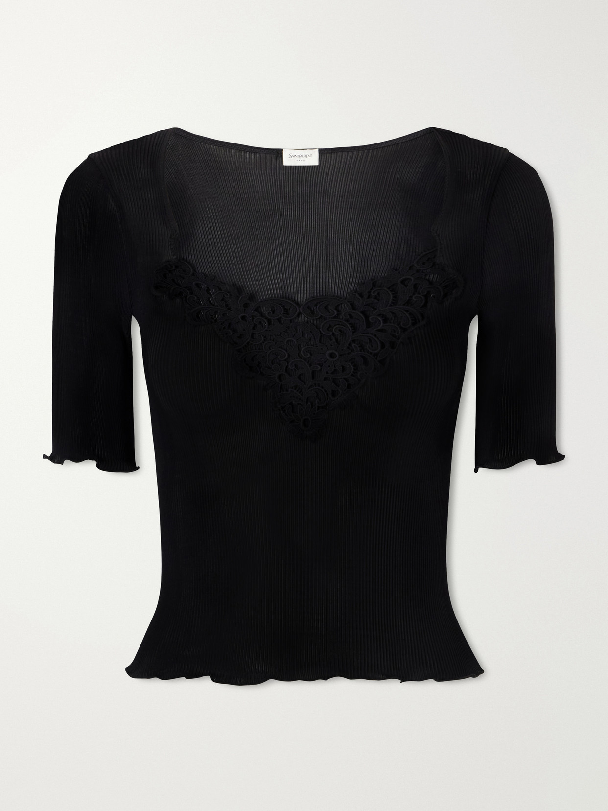 Guipure Lace-Trimmed Ribbed-Silk T-Shirt