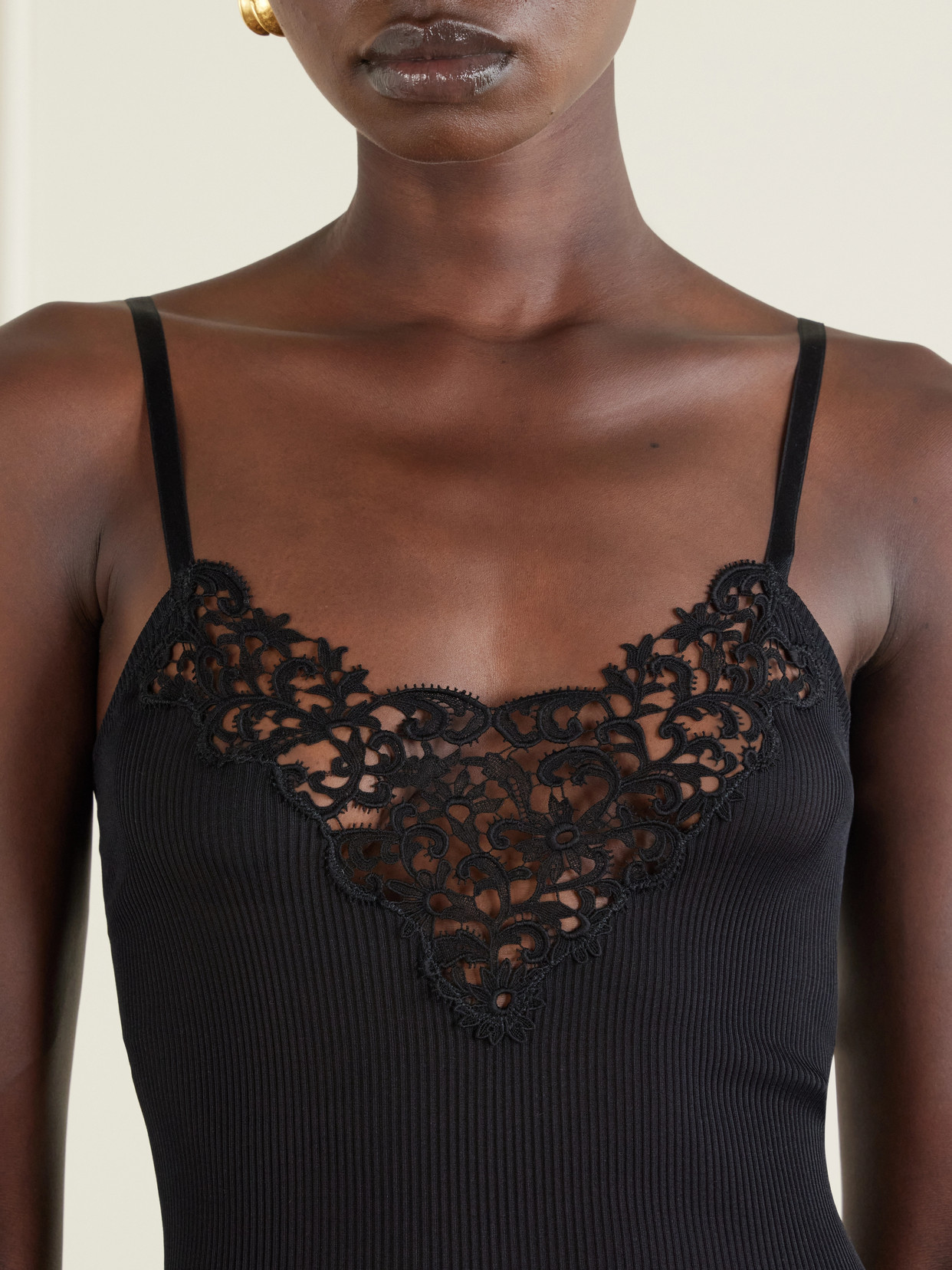 Lace-Trimmed Ribbed Silk Tank