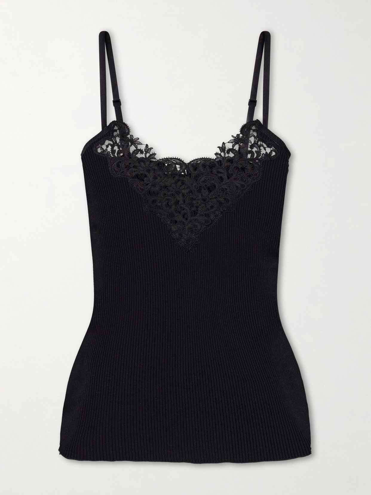 Lace-Trimmed Ribbed Silk Tank