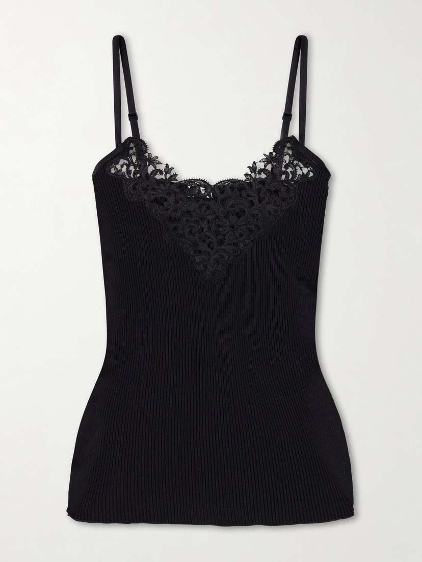 Saint Laurent Lace-trimmed Ribbed Silk Tank
