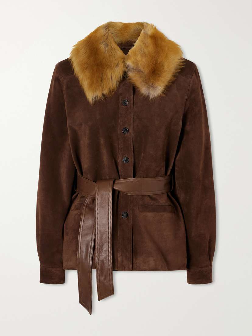 Belted Shearling And Leather-trimmed Suede Jacket Belted Shearling And Leather-trimmed Suede Jacket