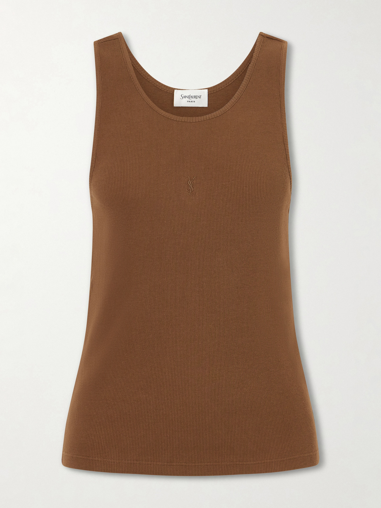 SAINT LAURENT - Cassandre Embroidered Ribbed Cotton-jersey Tank - Brown