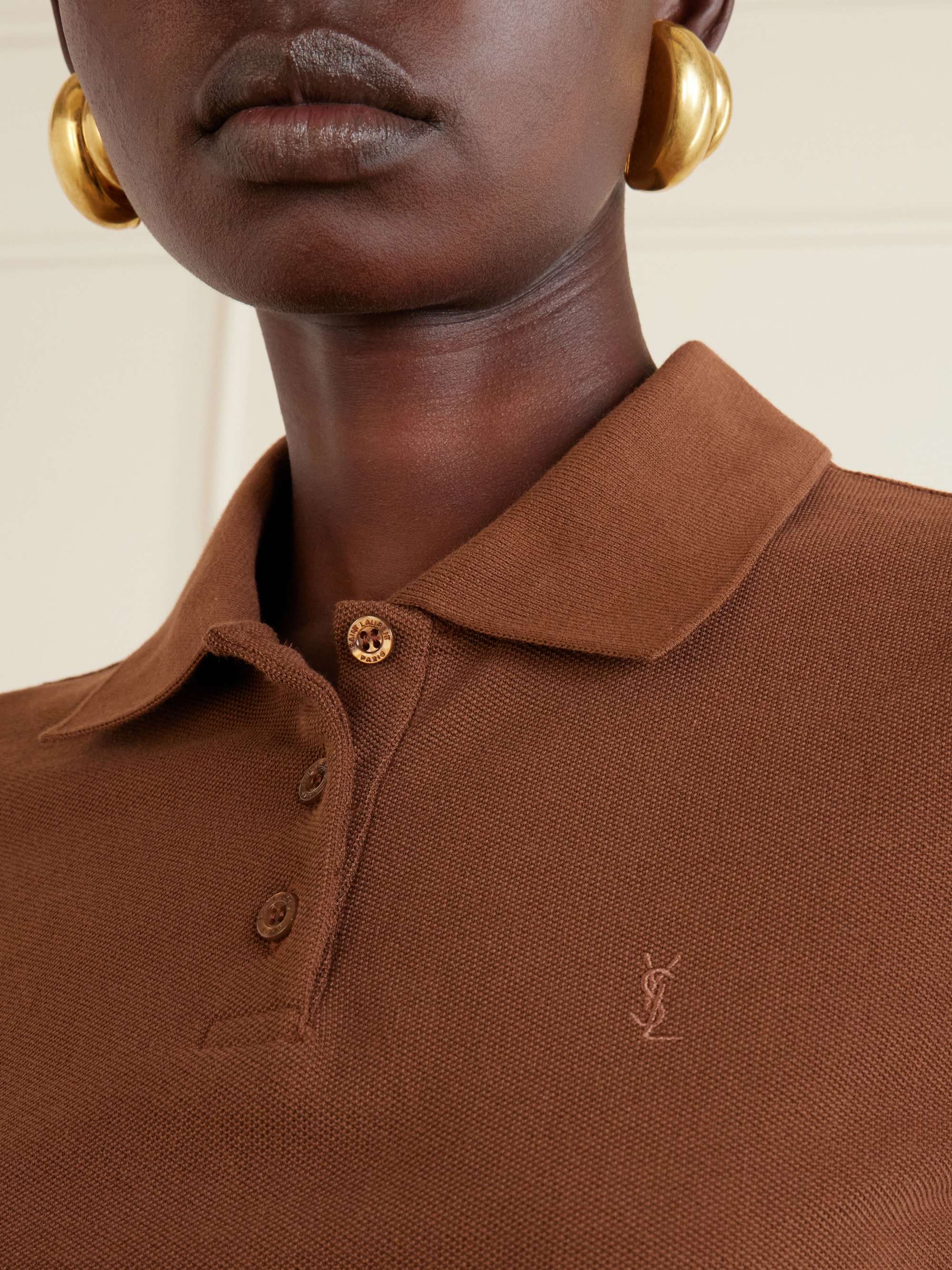 SAINT LAURENT Cassandre-embroidered cropped cotton-piqué polo