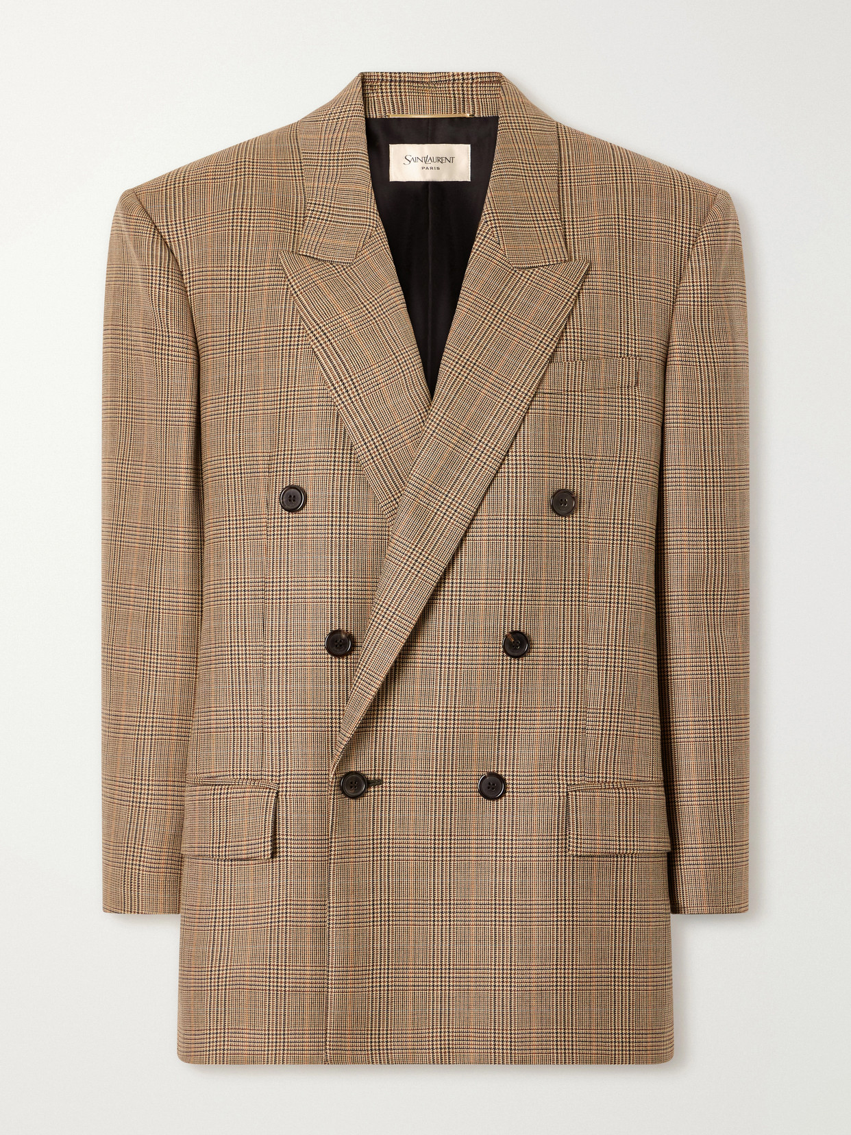 SAINT LAURENT - Double-breasted Prince Of Wales Checked Wool Blazer - Brown