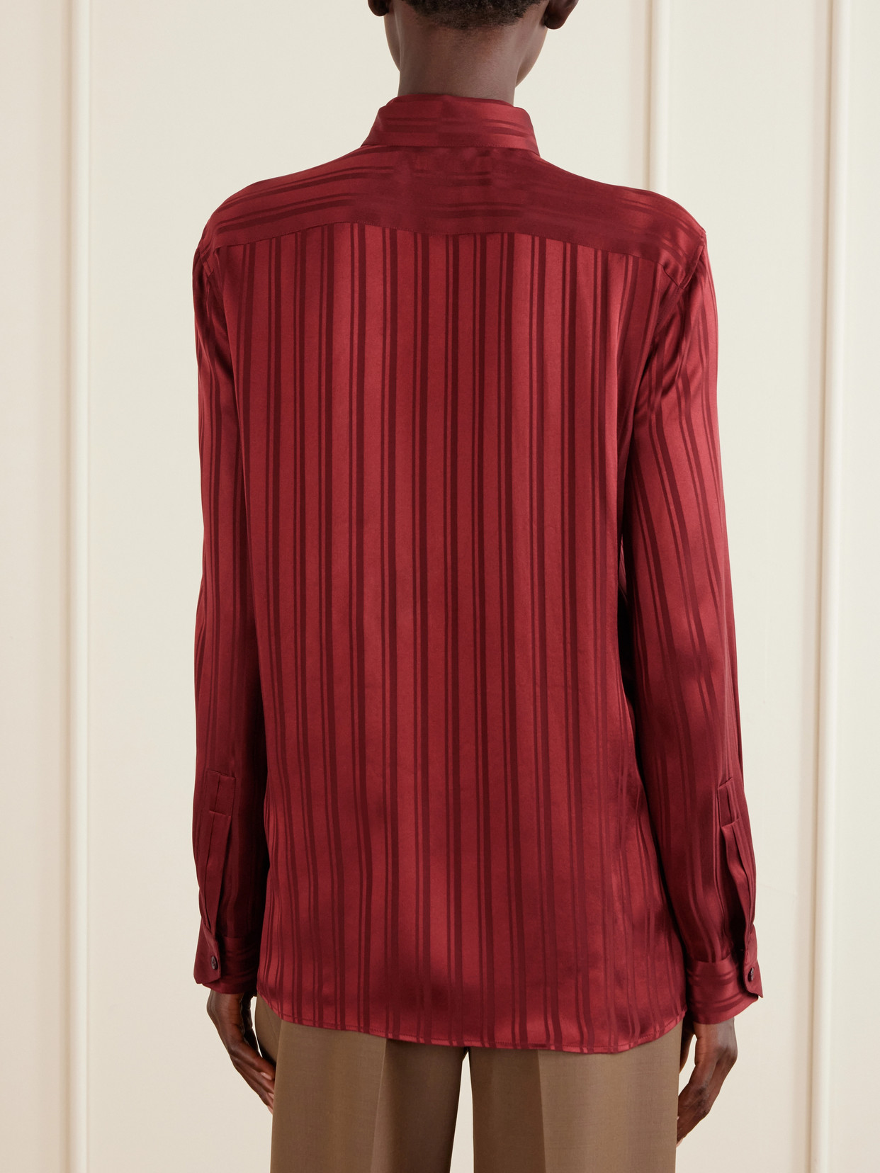 Pussy-Bow Striped Silk-Satin Blouse