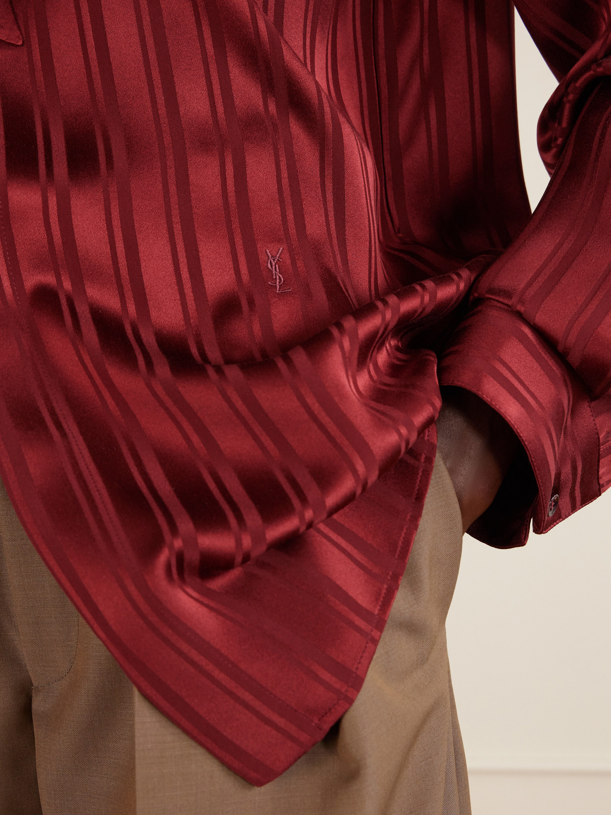 Pussy-Bow Striped Silk-Satin Blouse