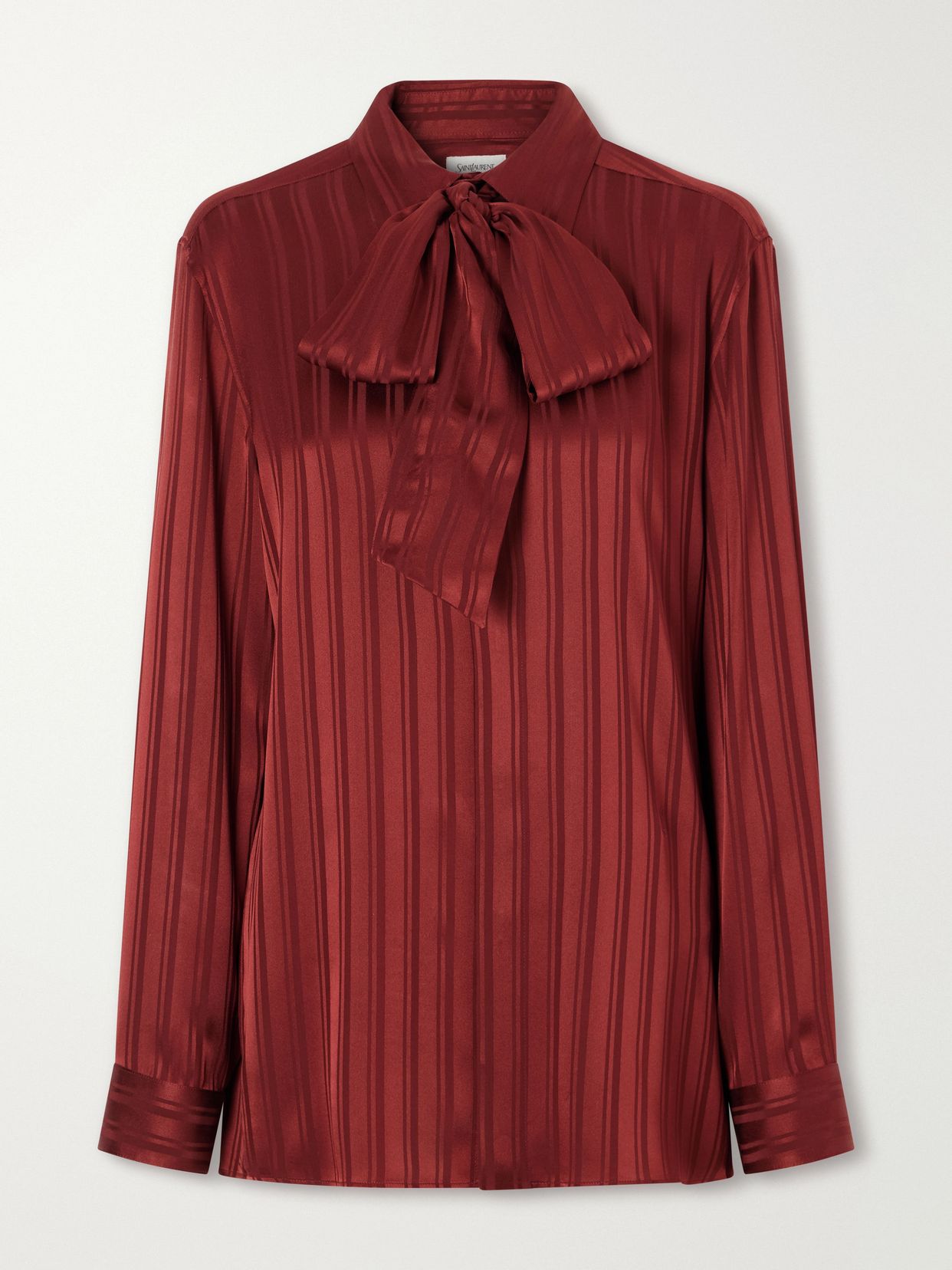 pussy bow striped silk satin blouse