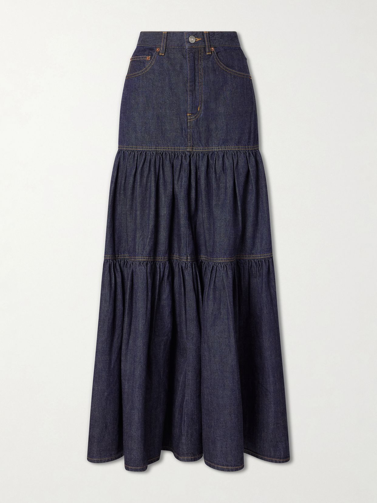 Tiered denim maxi skirt