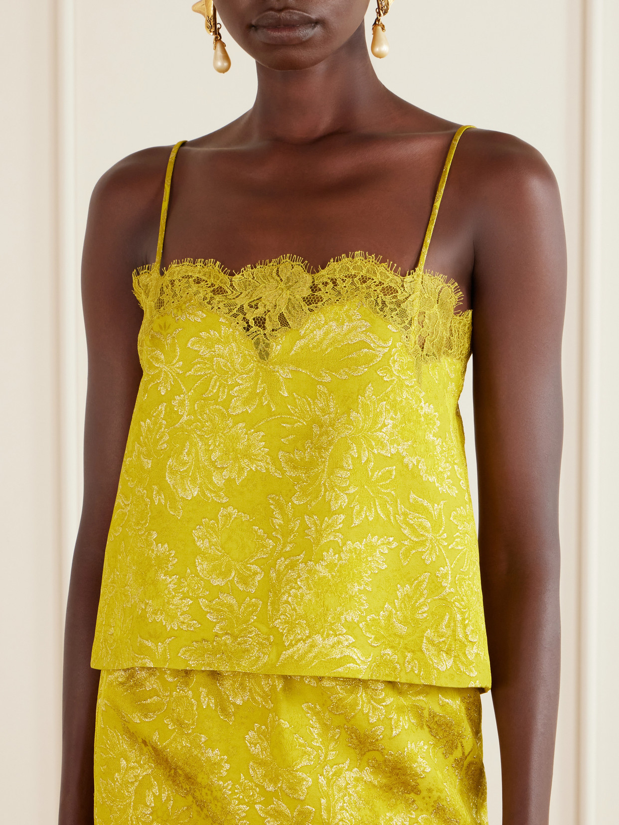 Lace-Trimmed Metallic Brocade Cami
