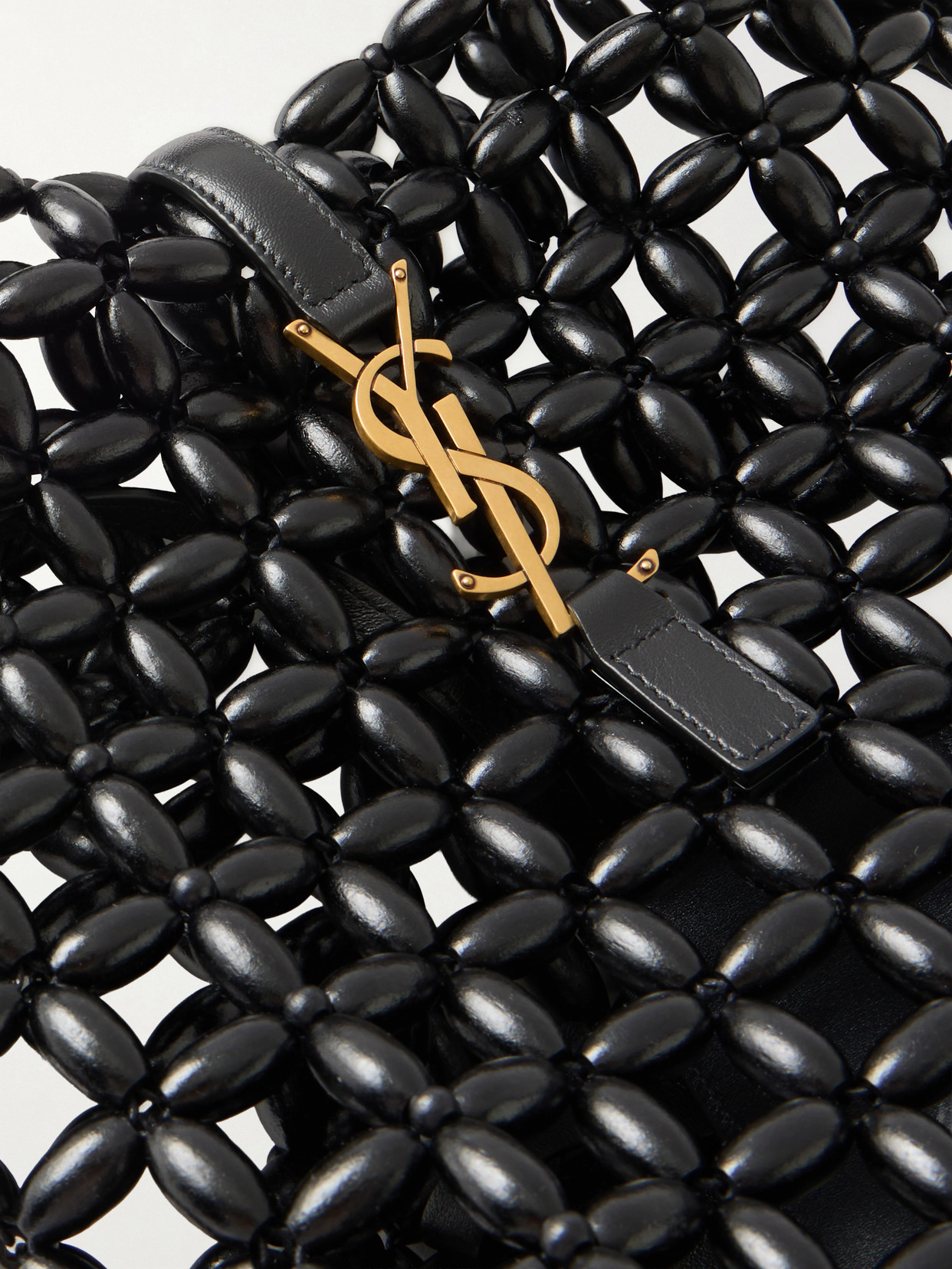Le 37 Mini Leather-Trimmed Beaded Wood Shoulder Bag