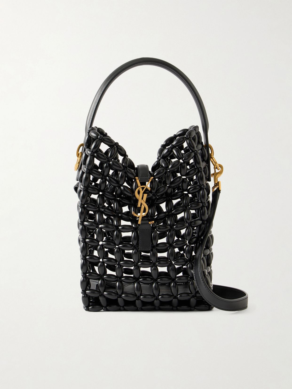 Le 37 mini leather-trimmed beaded wood shoulder bag